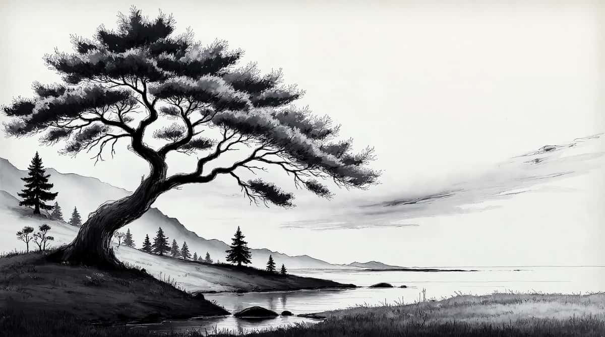 Qarag'ay daraxti bilan tinch monoxrom manzara | Serene monochrome landscape with pine tree 1