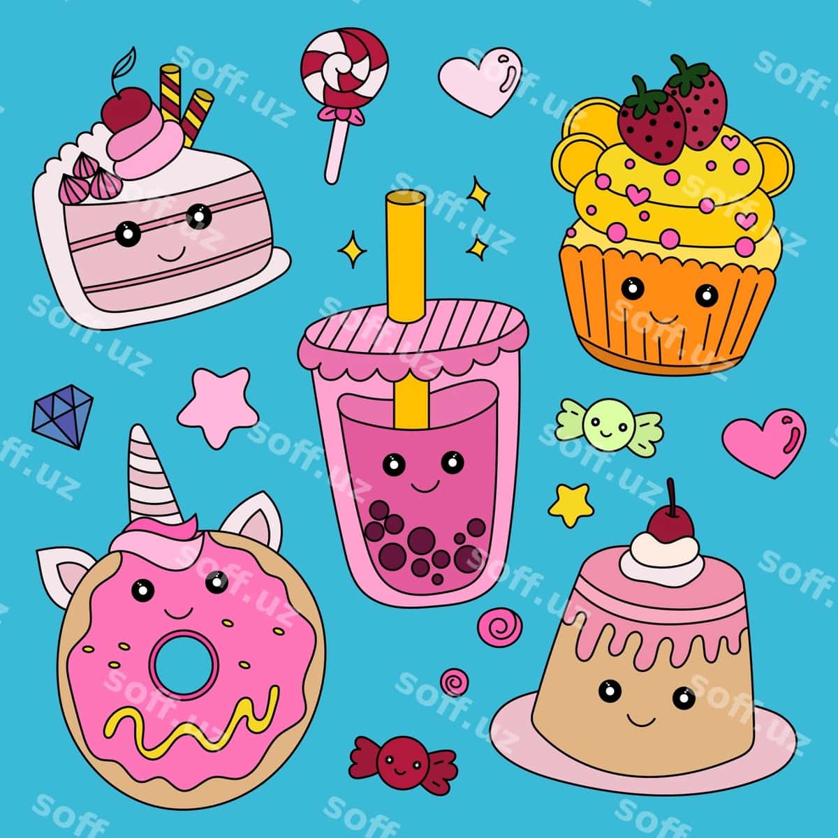 Komplekt chiroyli qo'l bilan chizilgan shirinliklar | Set cute handdrawn sweets 1