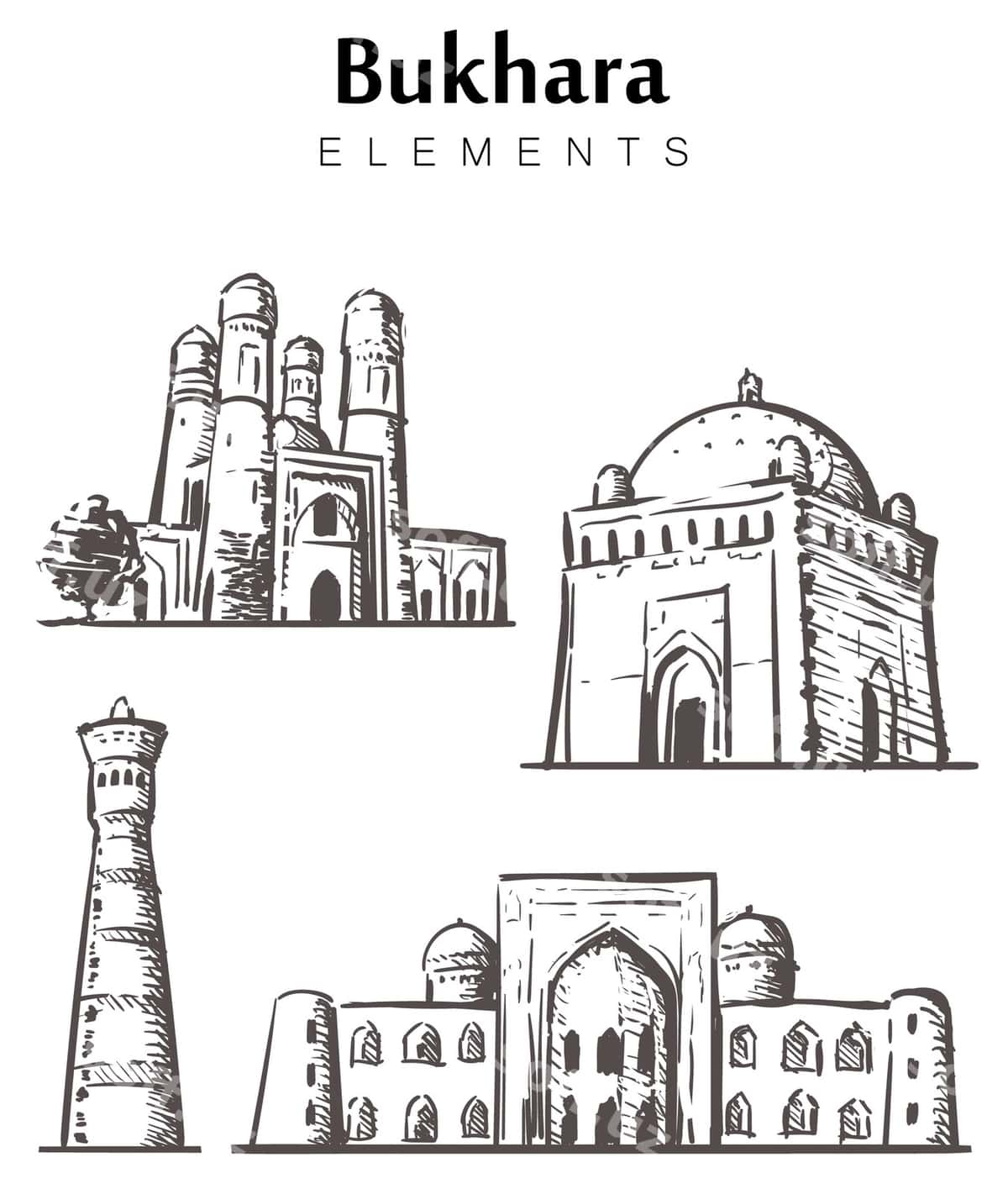 Qo'lda chizilgan Buxoro binolari to'plami | Set hand drawn bukhara buildings 1