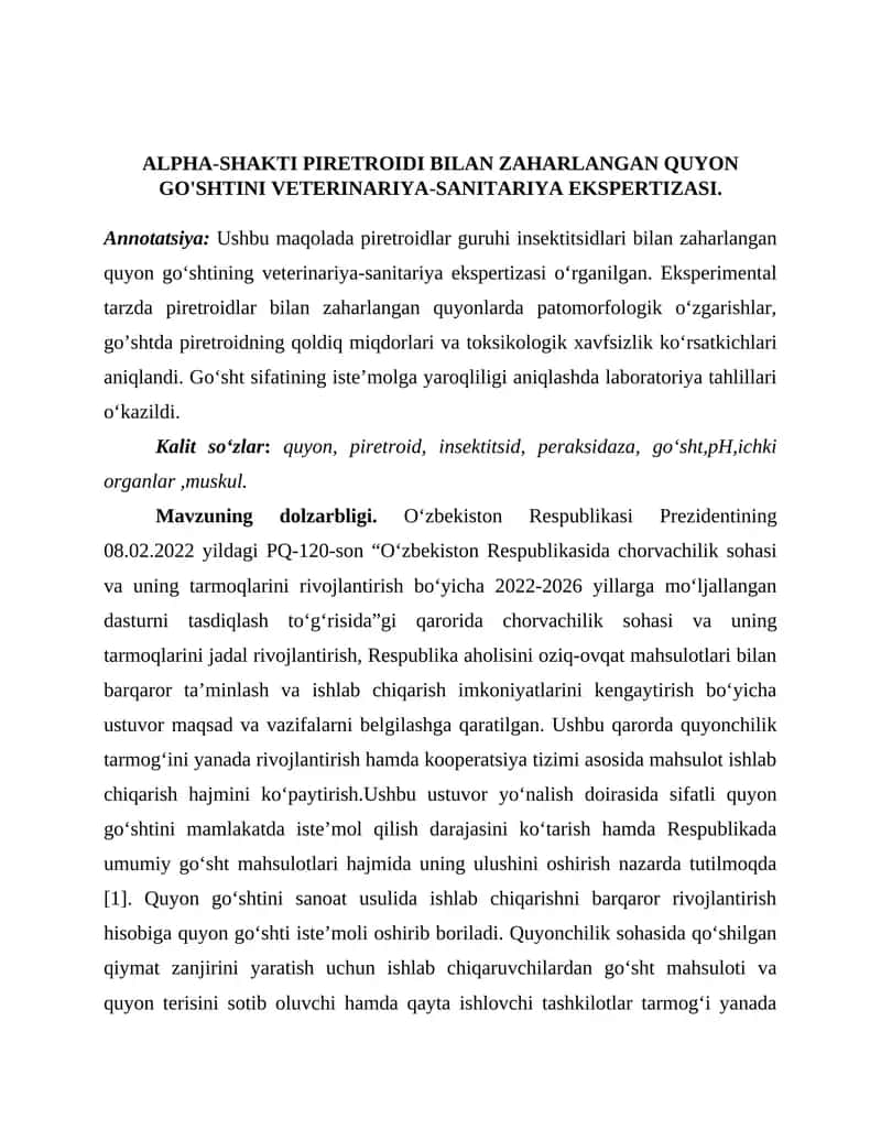 Alpha-Shakti Piretroidi bilan Zaharlangan Quyon Go'shtini Veterinariya-Sanitariya Ekspertizasi 1