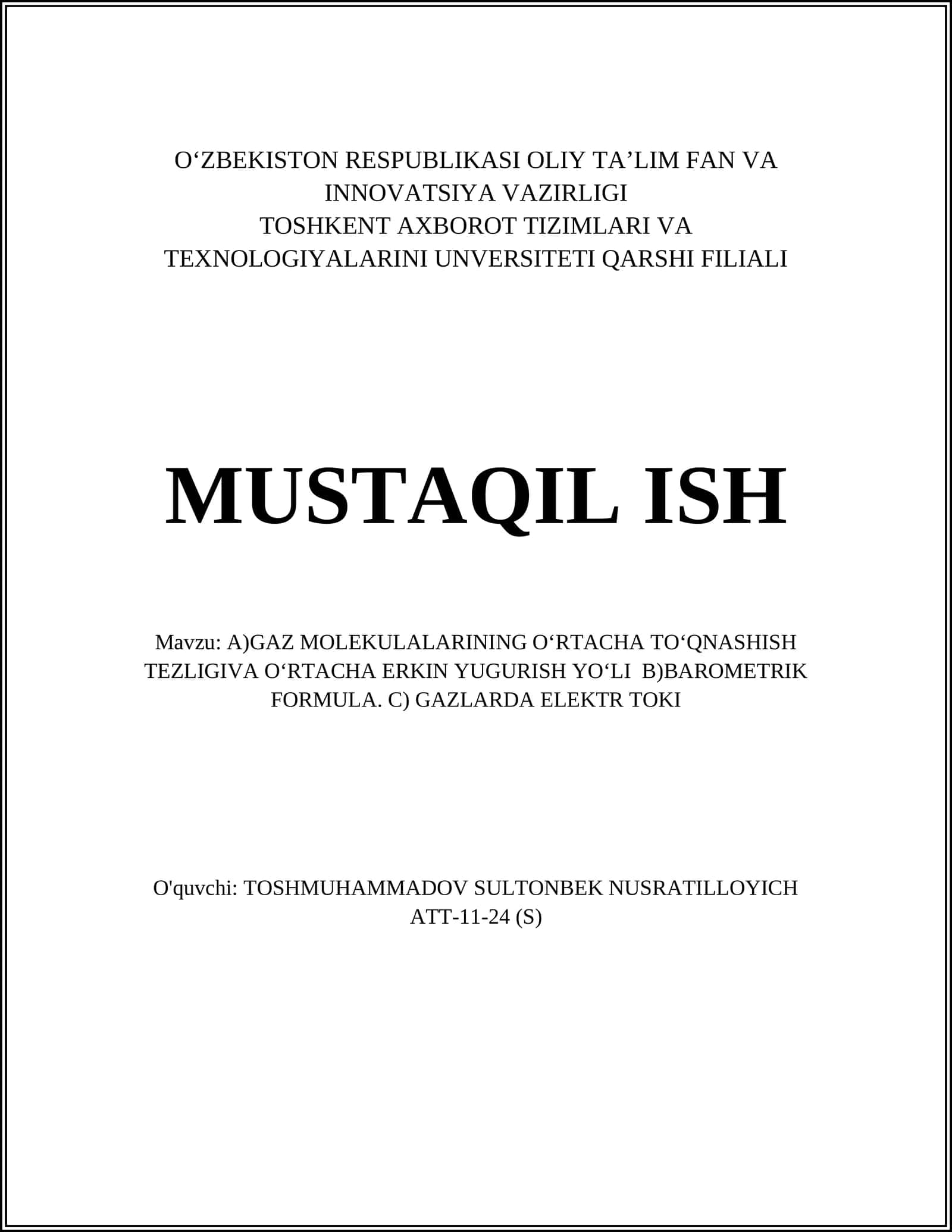 GAZ MOLEKULALARINING OʻRTACHA TOʻQNASHISH TEZLIGI 1