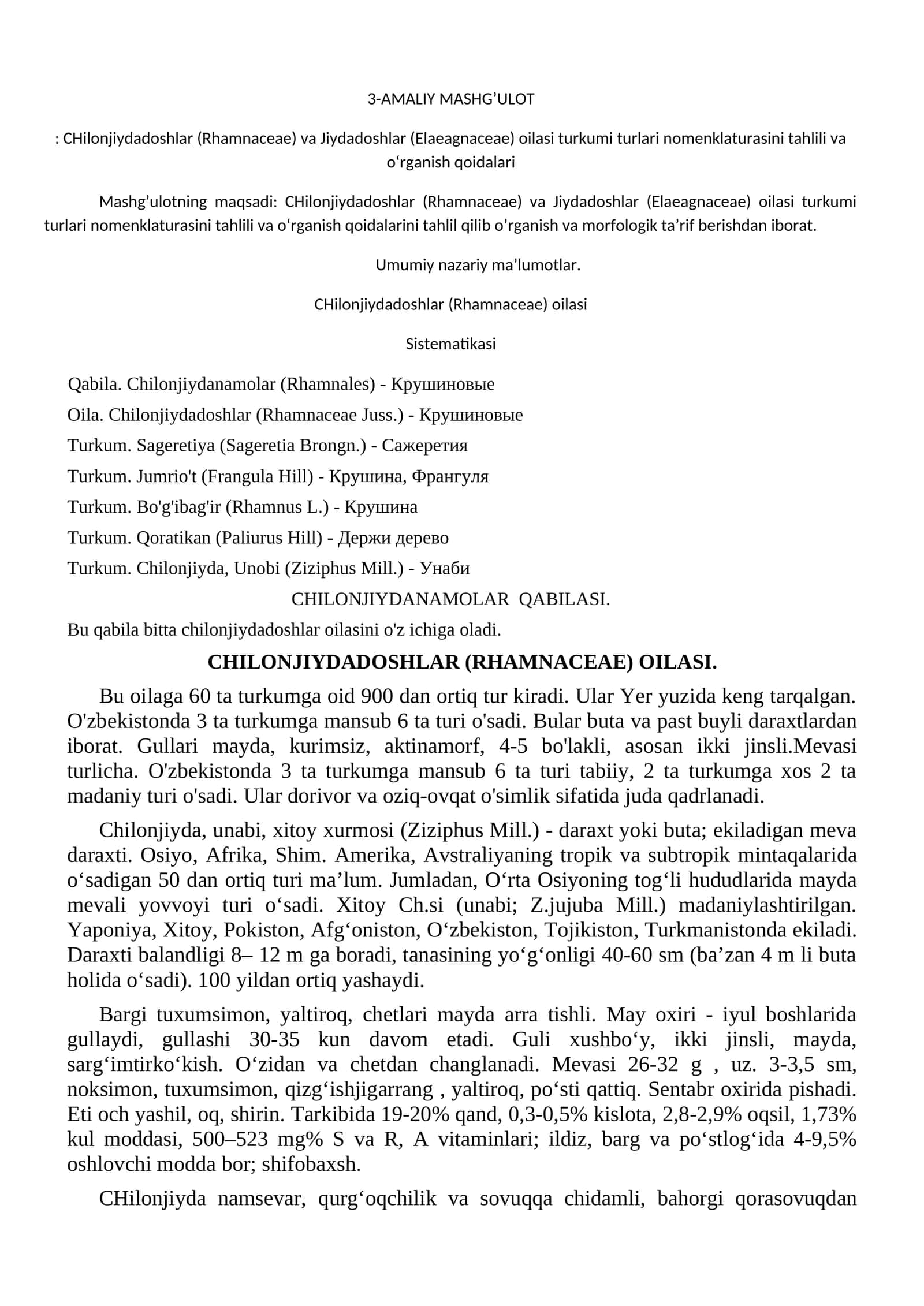 CHilonjiydadoshlar (Rhamnaceae) va Jiydadoshlar (Elaeagnaceae) oilasi turkumi turlari nomenklaturasini tahlili va o‘rganish qoidalari 1