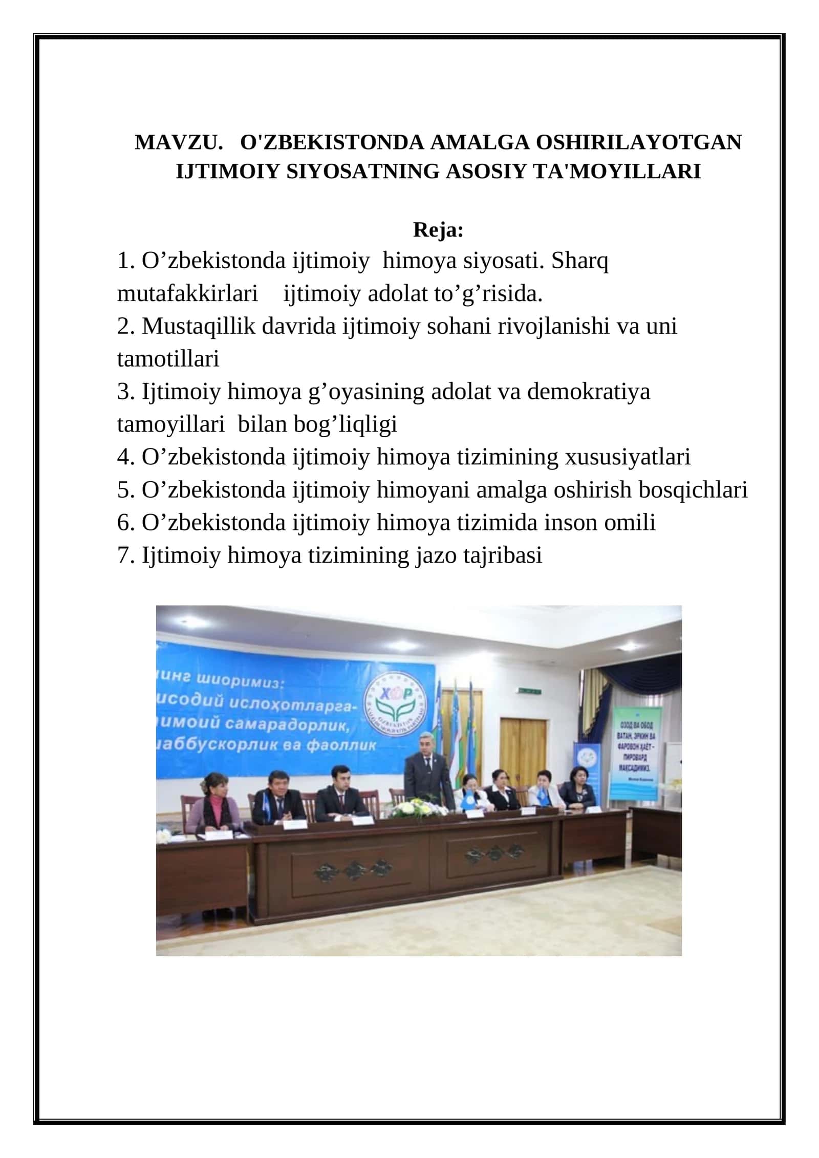 O'ZBEKISTONDA AMALGA OSHIRILAYOTGAN IJTIMOIY SIYOSATNING ASOSIY TA'MOYILLARI 1