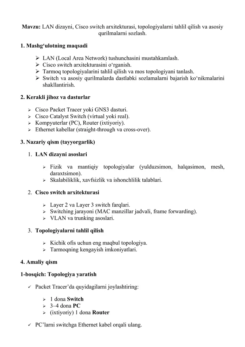 LAN dizayni va Cisco Switch arxitekturasi 1