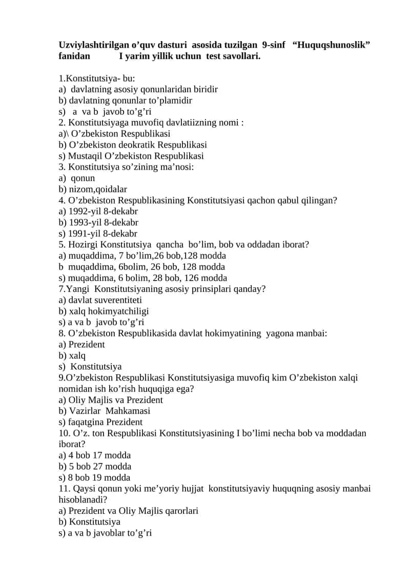 9-sinf “Huquqshunoslik” fanidan I yarim yillik uchun test savollari 1