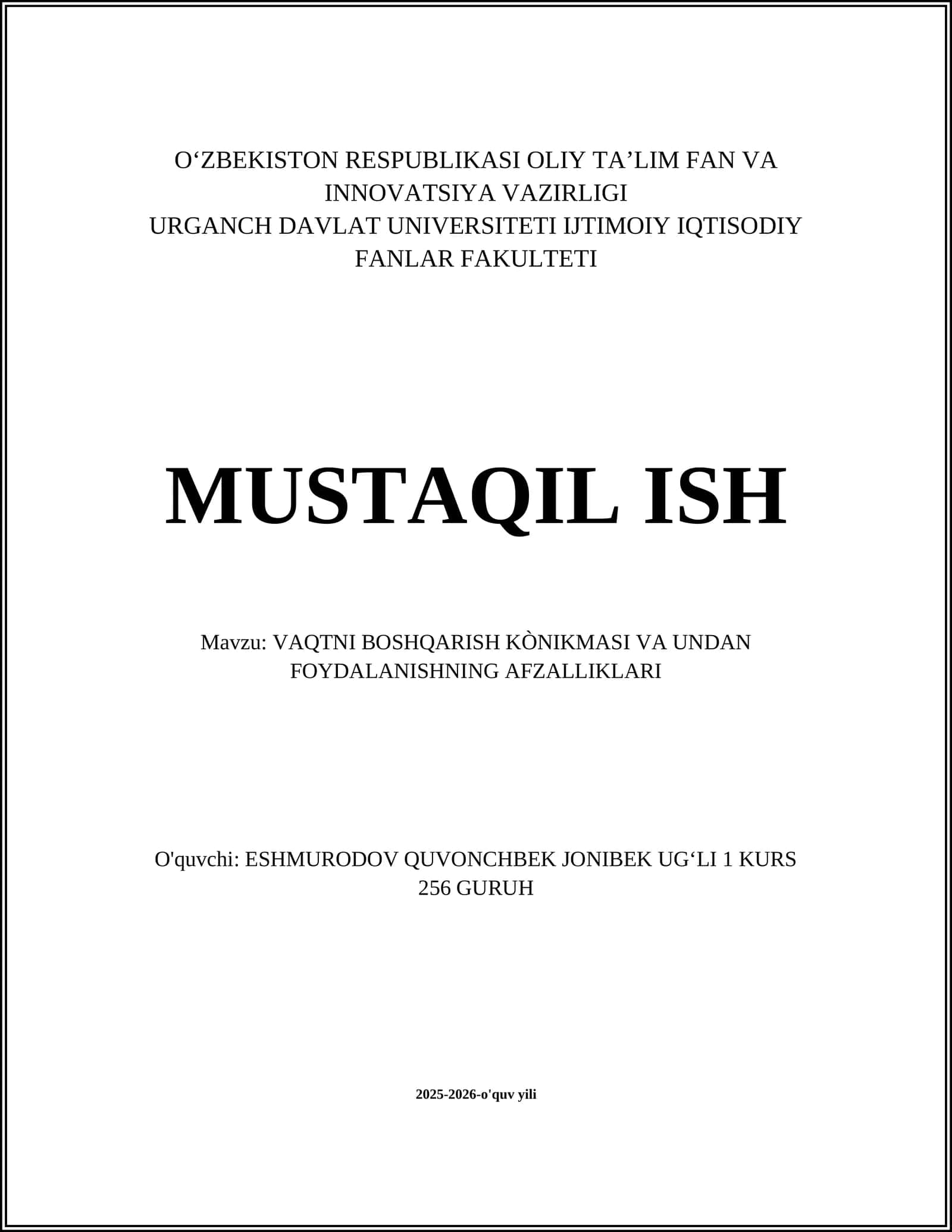 VAQTNI BOSHQARISH KÒNIKMASI VA UNDAN FOYDALANISHNING AFZALLIKLARI 1