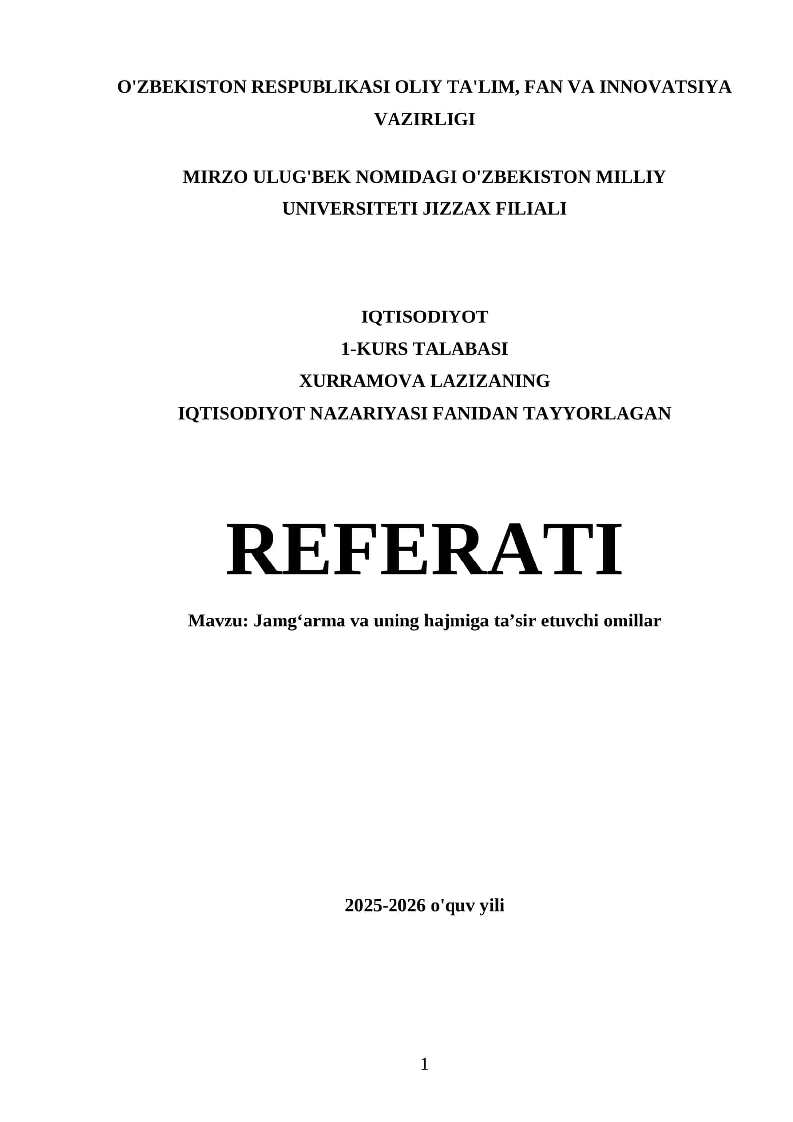 IQTISODIYOT NAZARIYASI FANIDAN TAYYORLAGAN REFERATI 1