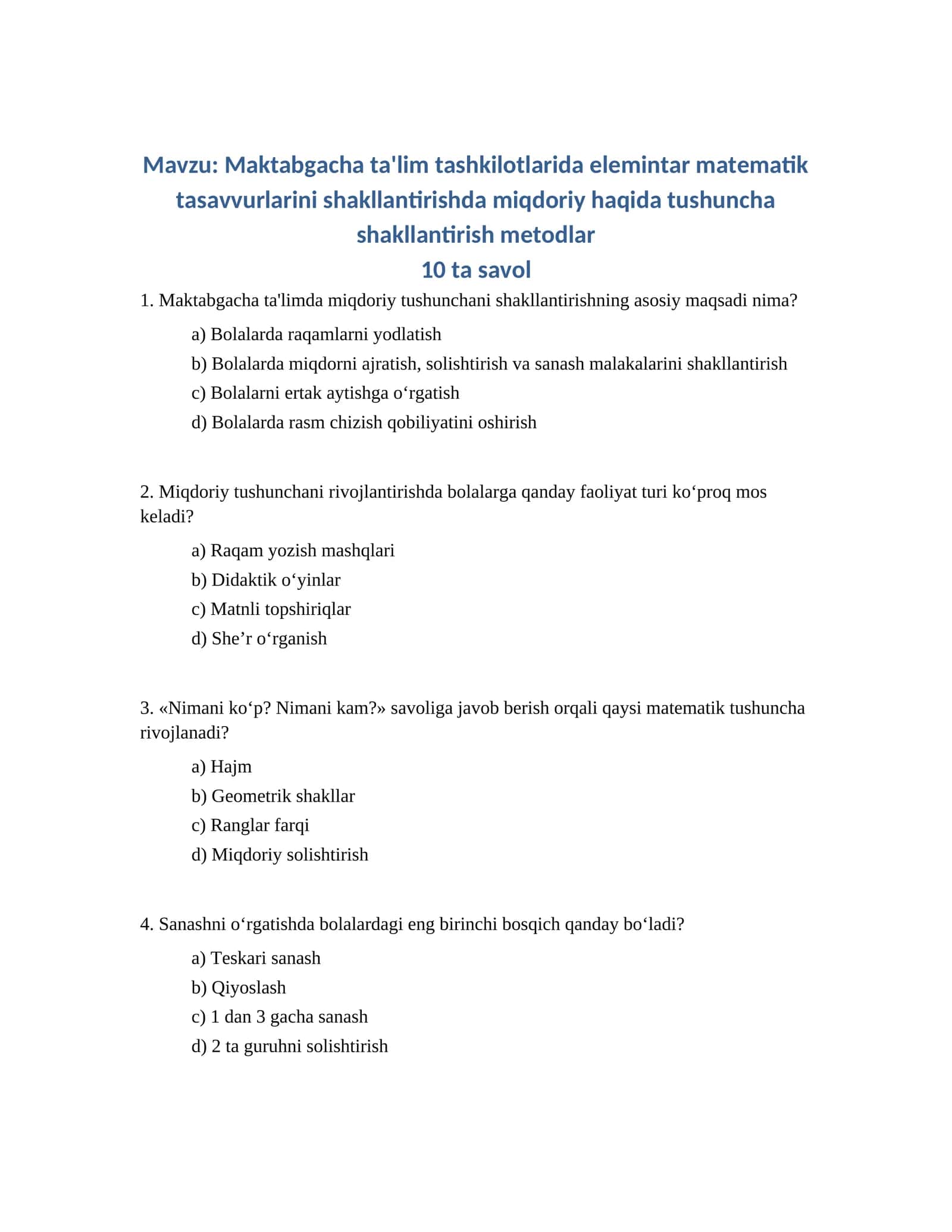 Maktabgacha ta'lim tashkilotlarida elemintar matematik tasavvurlarini shakllantirishda miqdoriy haqida tushuncha shakllantirish metodlar 1