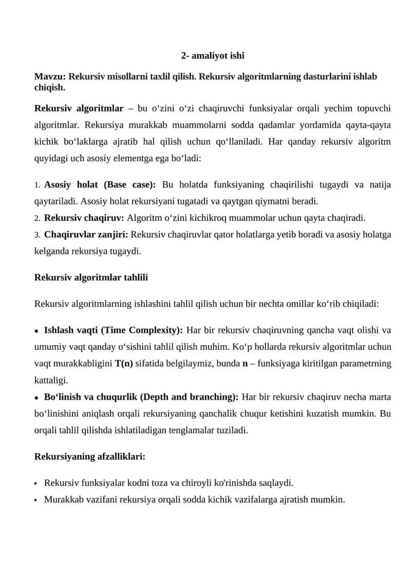 Rekursiv misollarni taxlil qilish. Rekursiv algoritmlarning dasturlarini ishlab chiqish. 1