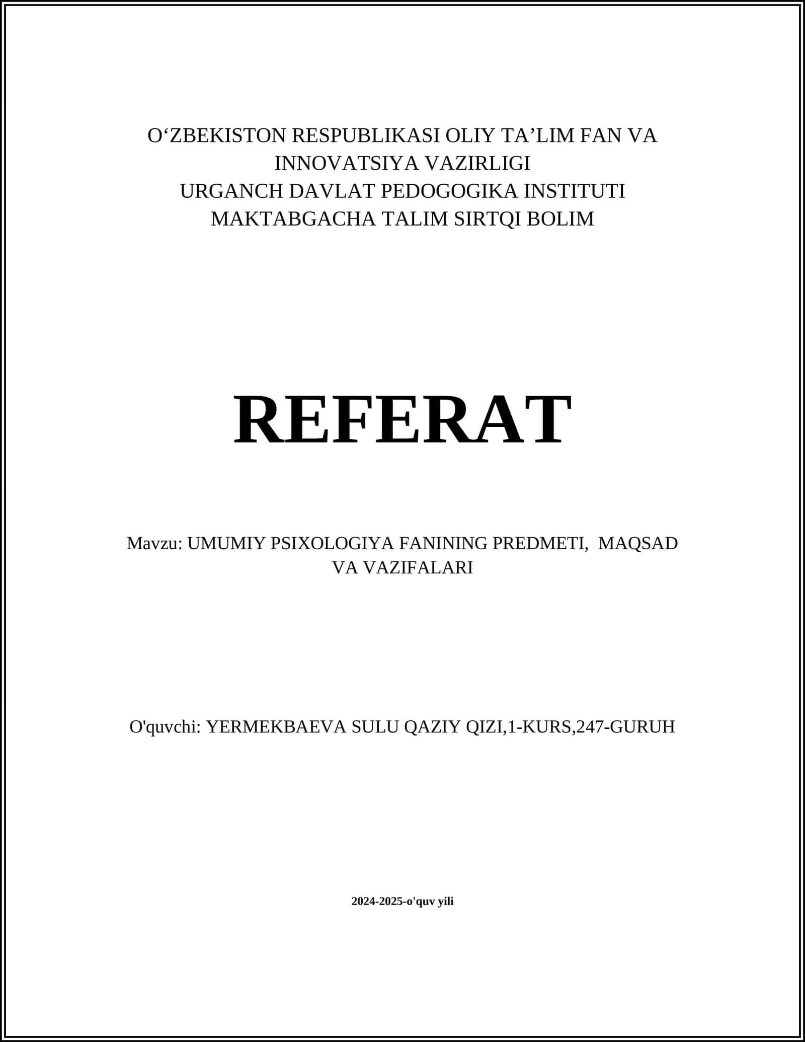 UMUMIY PSIXOLOGIYA FANINING PREDMETI, MAQSAD VA VAZIFALARI 1