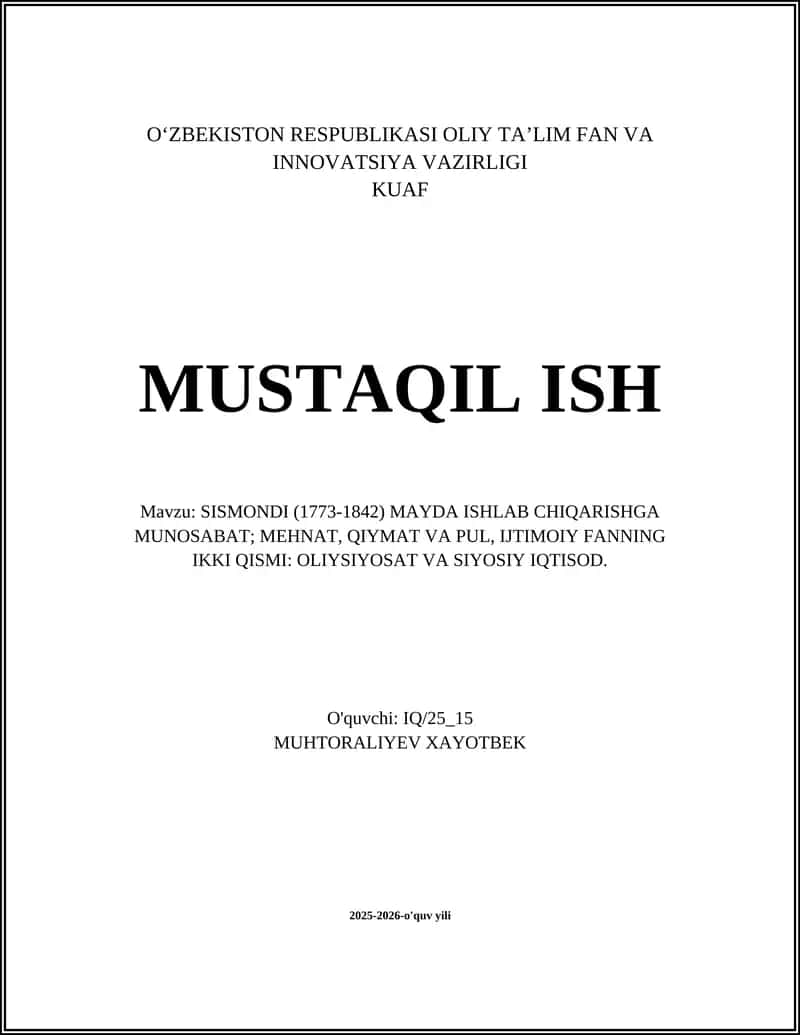 Sismondi (1773-1842) Mayda Ishlab Chiqarishga Munosabat 1
