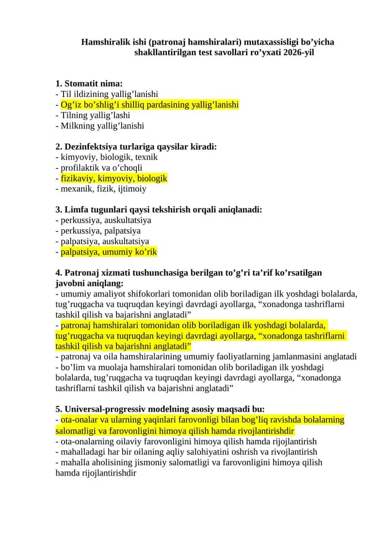 Hamshiralik ishi (patronaj hamshiralari) mutaxassisligi bo’yicha shakllantirilgan test savollari ro’yxati 2026-yil 1
