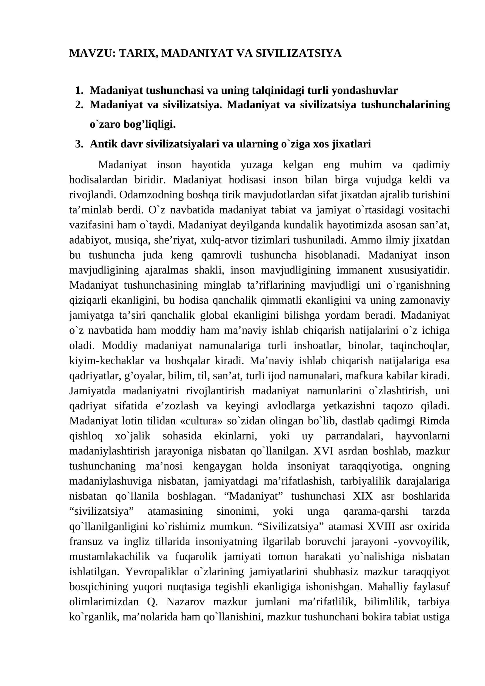 TARIX, MADANIYAT VA SIVILIZATSIYA 1