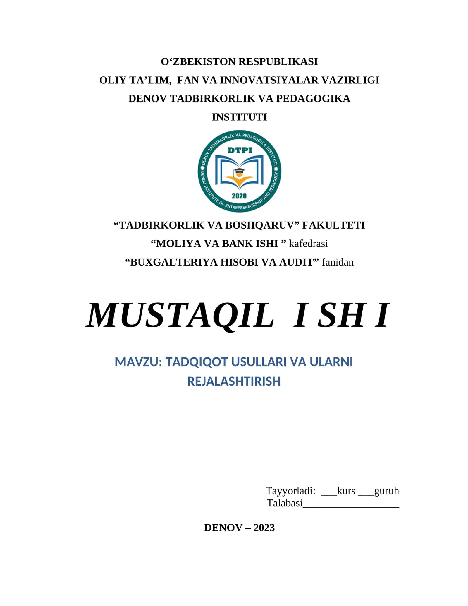 TADQIQOT USULLARI VA ULARNI REJALASHTIRISH 1