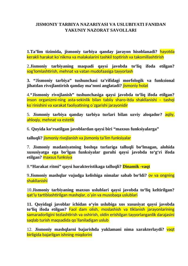 JISMONIY TARBIYA NAZARIYASI VA USLUBIYATI FANIDAN YAKUNIY NAZORAT SAVOLLARI 1