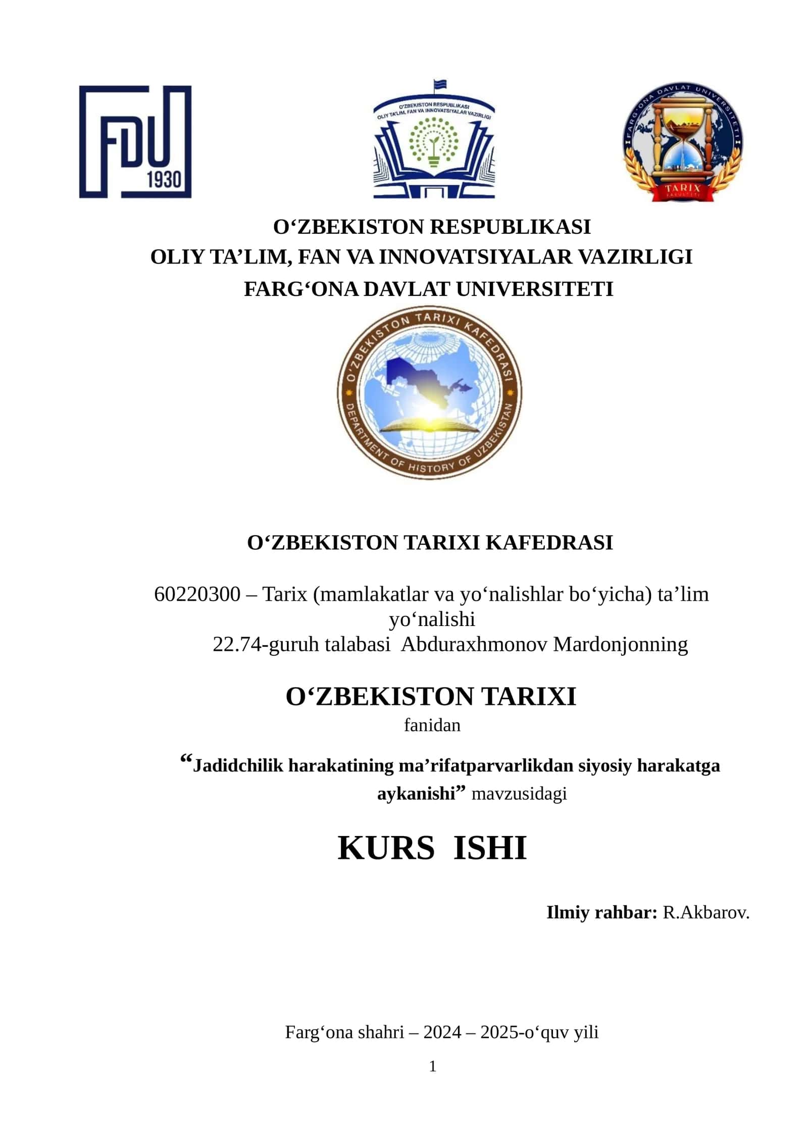 Jadidchilik harakatining ma’rifatparvarlikdan siyosiy harakatga aykanishi 1