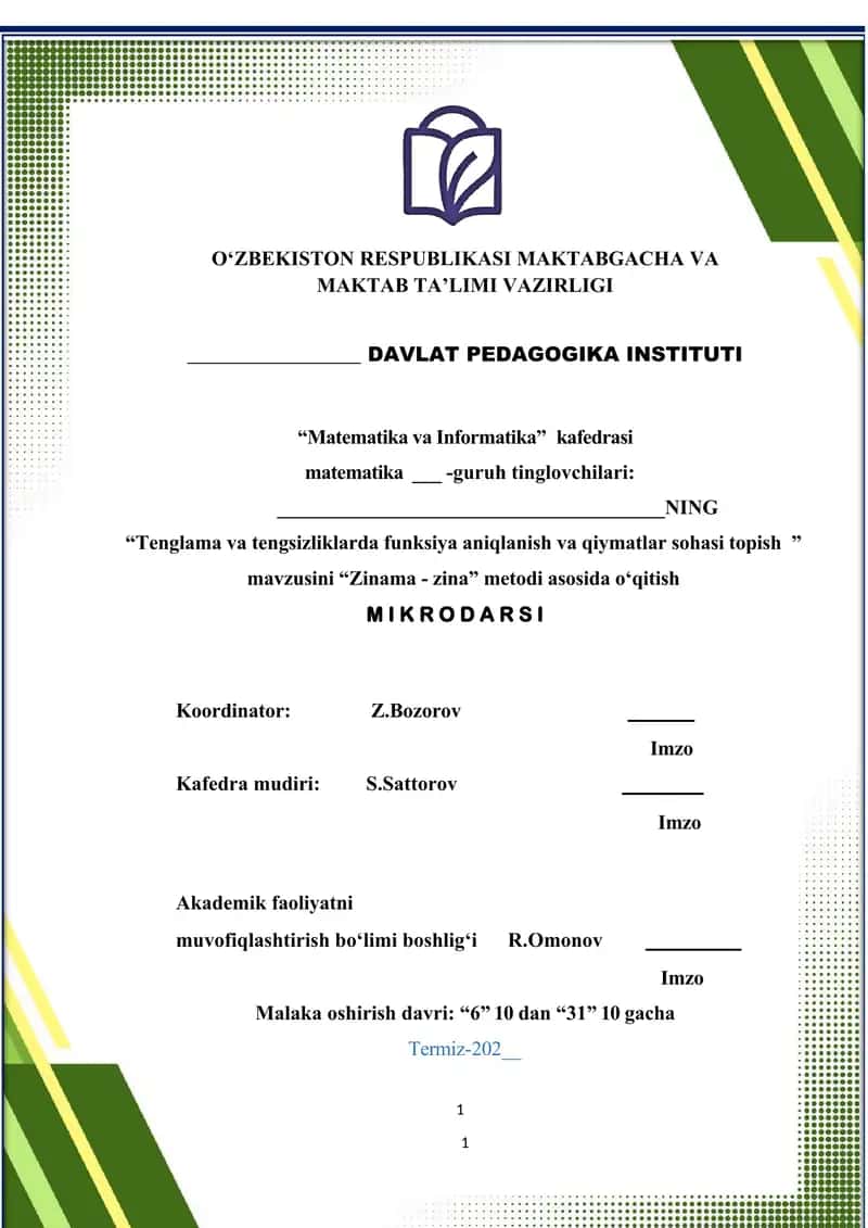 MIKRODARS MATEMATIKA "Tenglama va tengsizliklarda funksiya aniqlanish va qiymatlar sohasi topish" 1