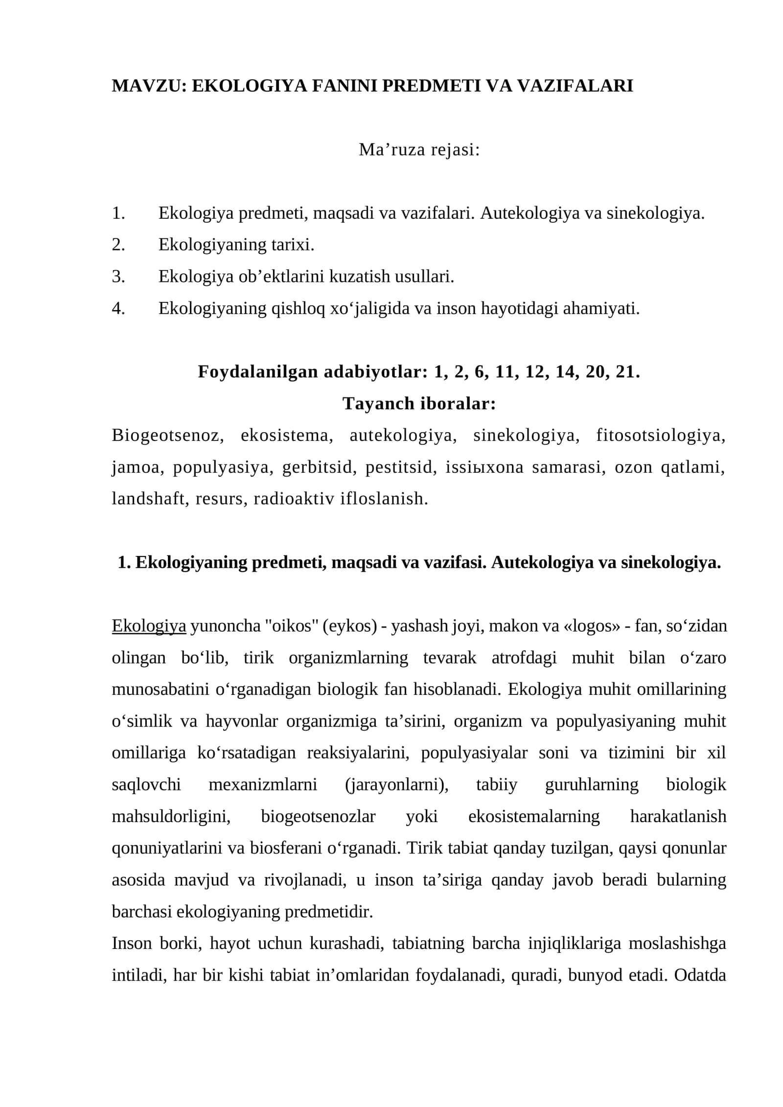 EKOLOGIYA FANINI PREDMETI VA VAZIFALARI 1