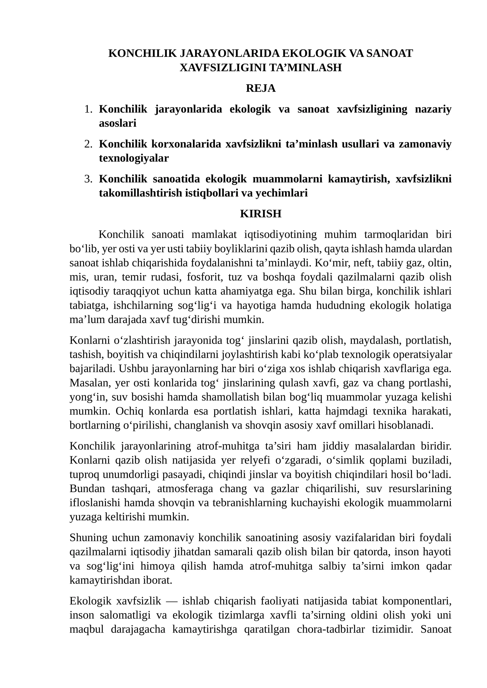 Konchilik Jarayonlarida Ekologik va Sanoat Xavfsizligini Ta’minlash 1