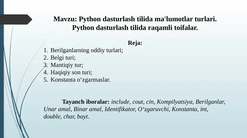 Python dasturlash tilida ma'lumotlar turlari. Python dasturlash tilida raqamli toifalar. 1