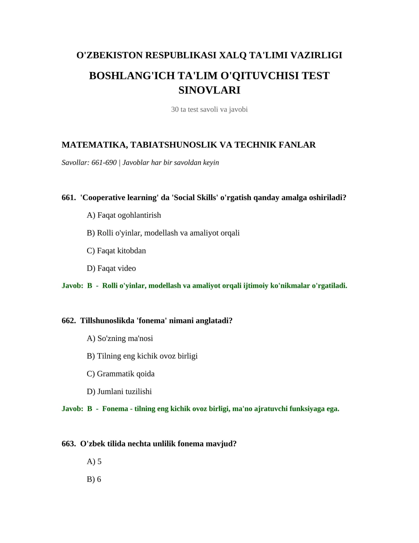 O'QITUVCHISI TEST SINOVLARI 1