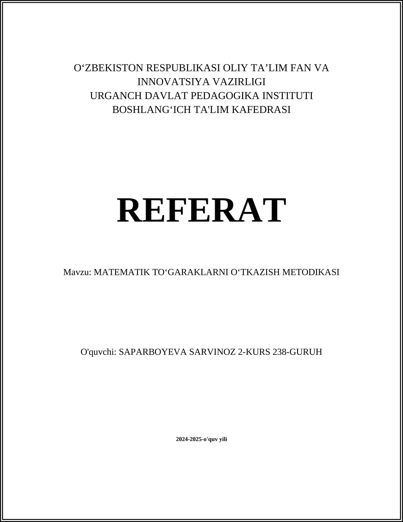 MATEMATIK TOʻGARAKLARNI OʻTKAZISH METODIKASI 1