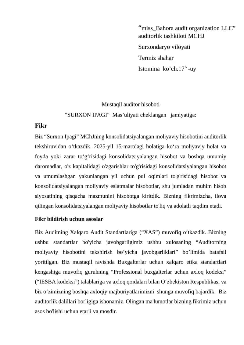 Auditorlik xulosasi namuna 1