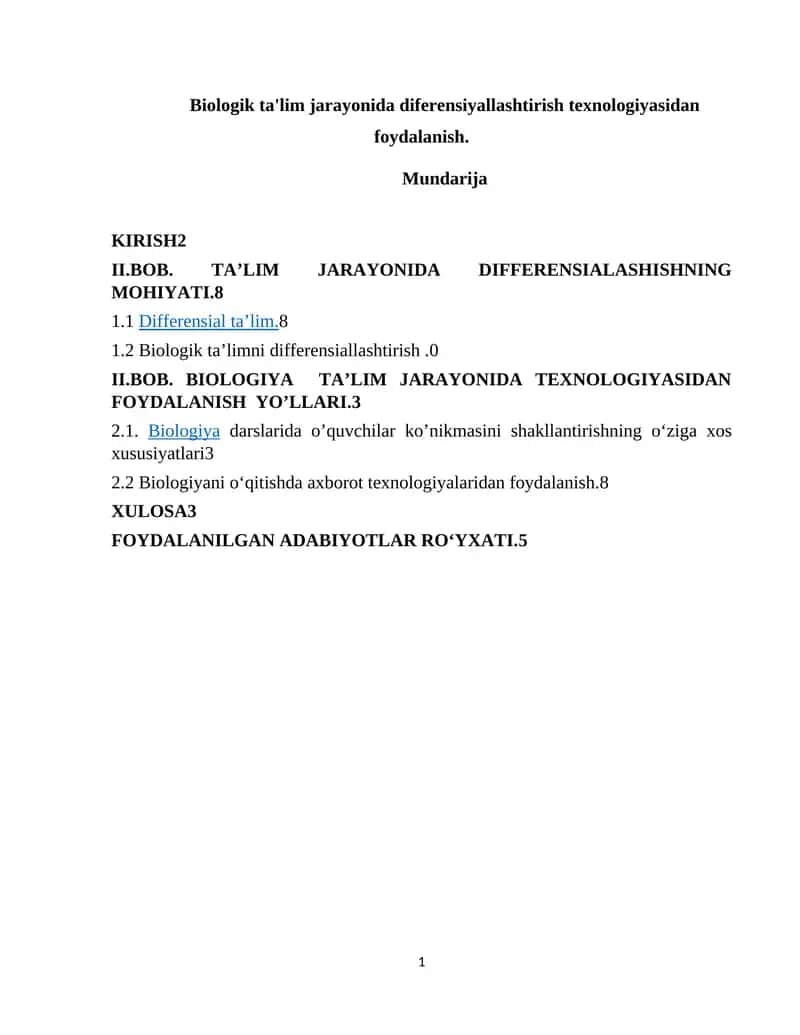 Biologik ta'lim jarayonida diferensiyallashtirish texnologiyasidan foydalanish 1