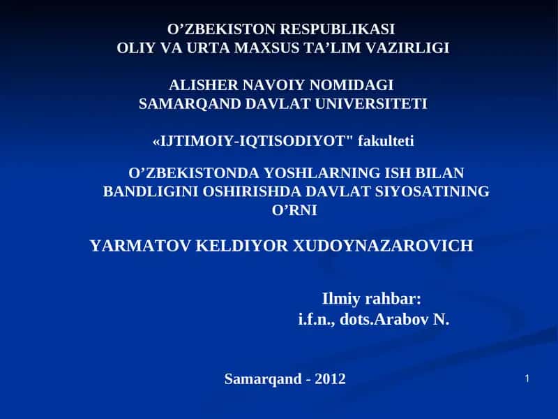 O'ZBEKISTONDA YOSHLARNING ISH BILAN BANDLIGINI OSHIRISHDA DAVLAT SIYOSATINING O’RNI 1