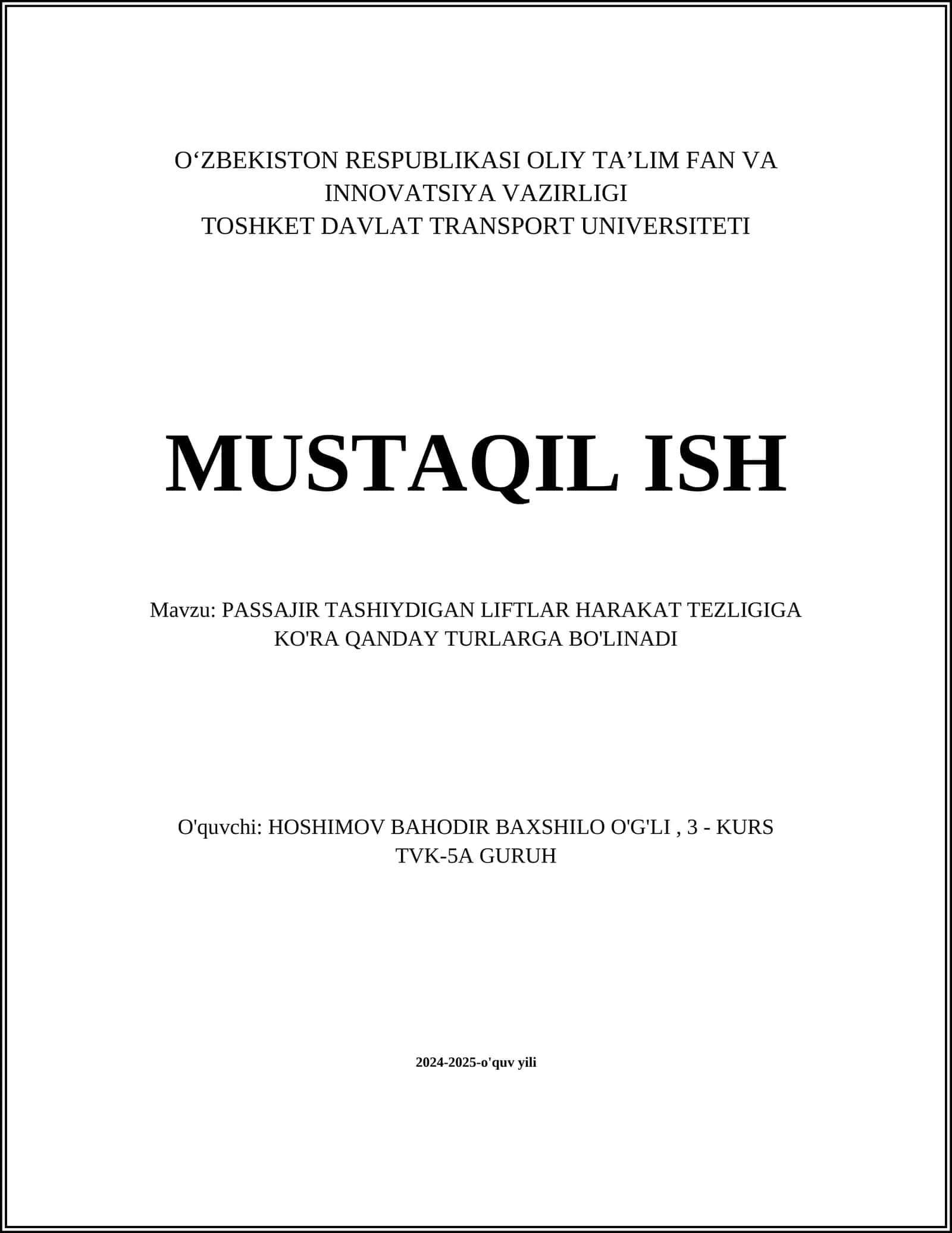 PASSAJIR TASHIYDIGAN LIFTLAR HARAKAT TEZLIGIGA KO'RA QANDAY TURLARGA BO'LINADI 1