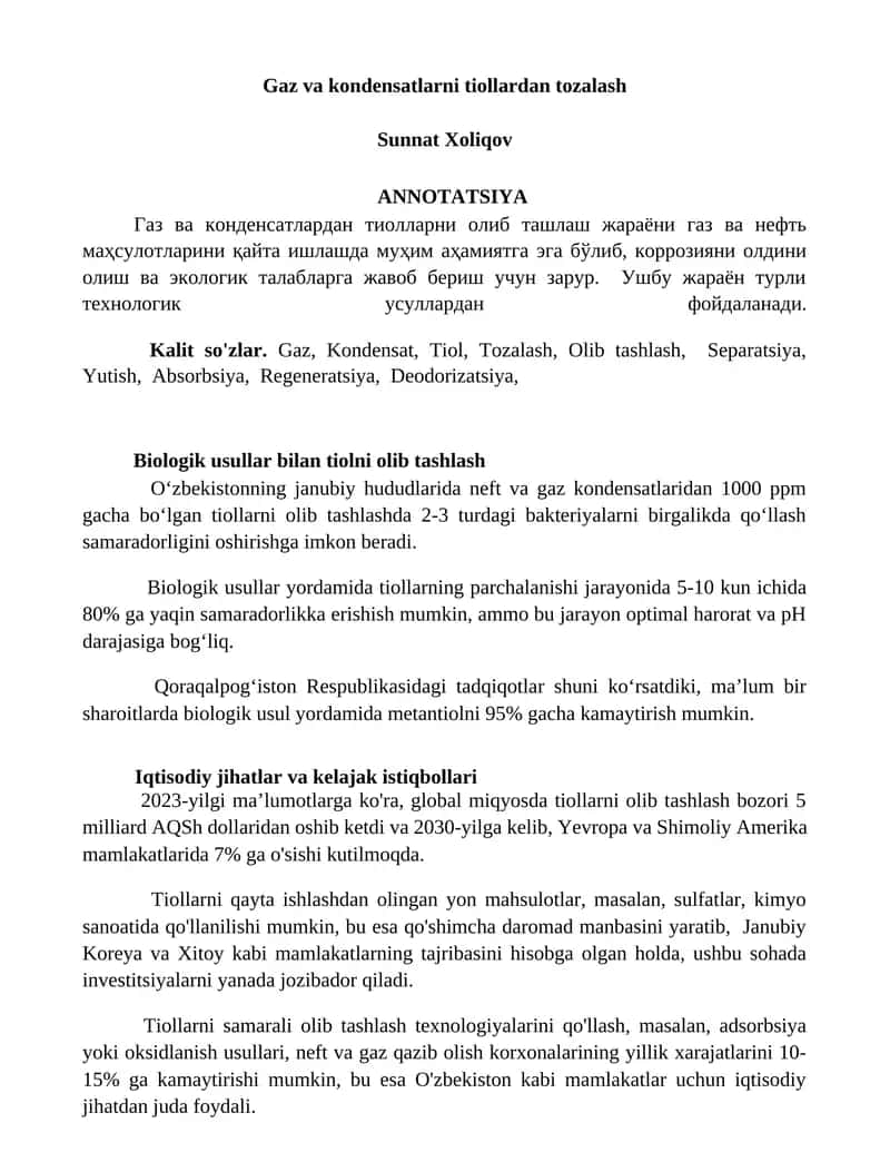 Gaz va kondensatlarni tiollardan tozalash 1