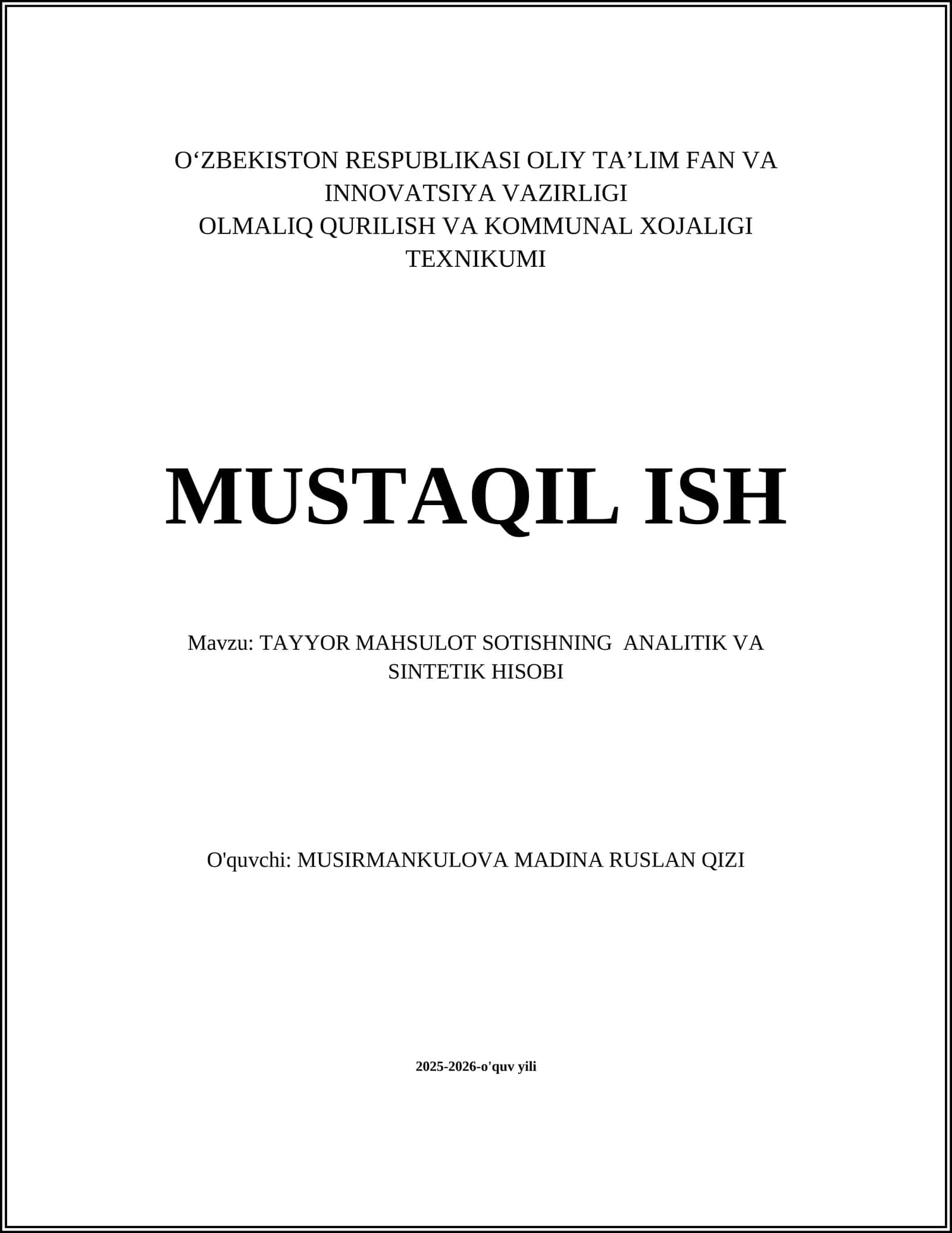 TAYYOR MAHSULOT SOTISHNING ANALITIK VA SINTETIK HISOBI 1
