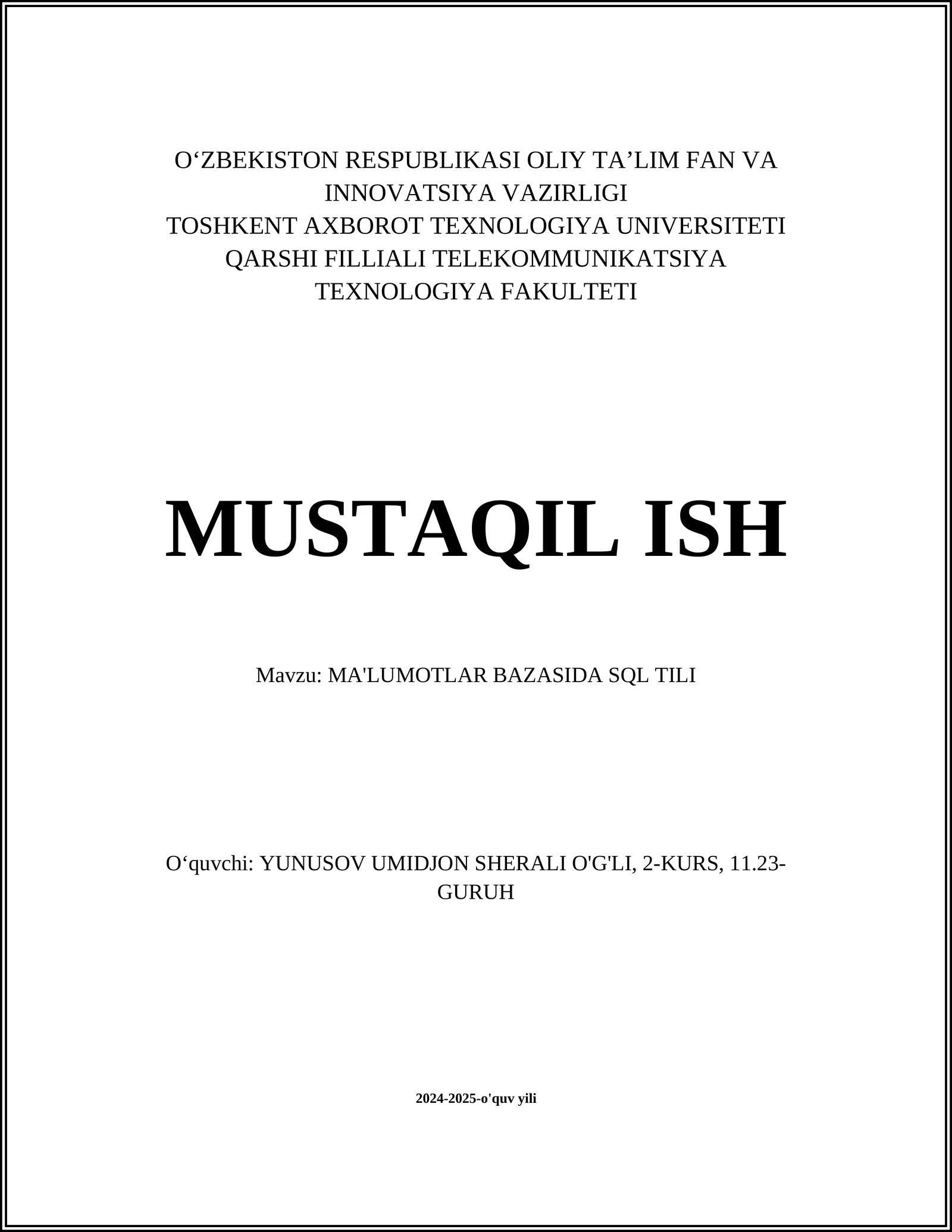 MA'LUMOTLAR BAZASIDA SQL TILI 1