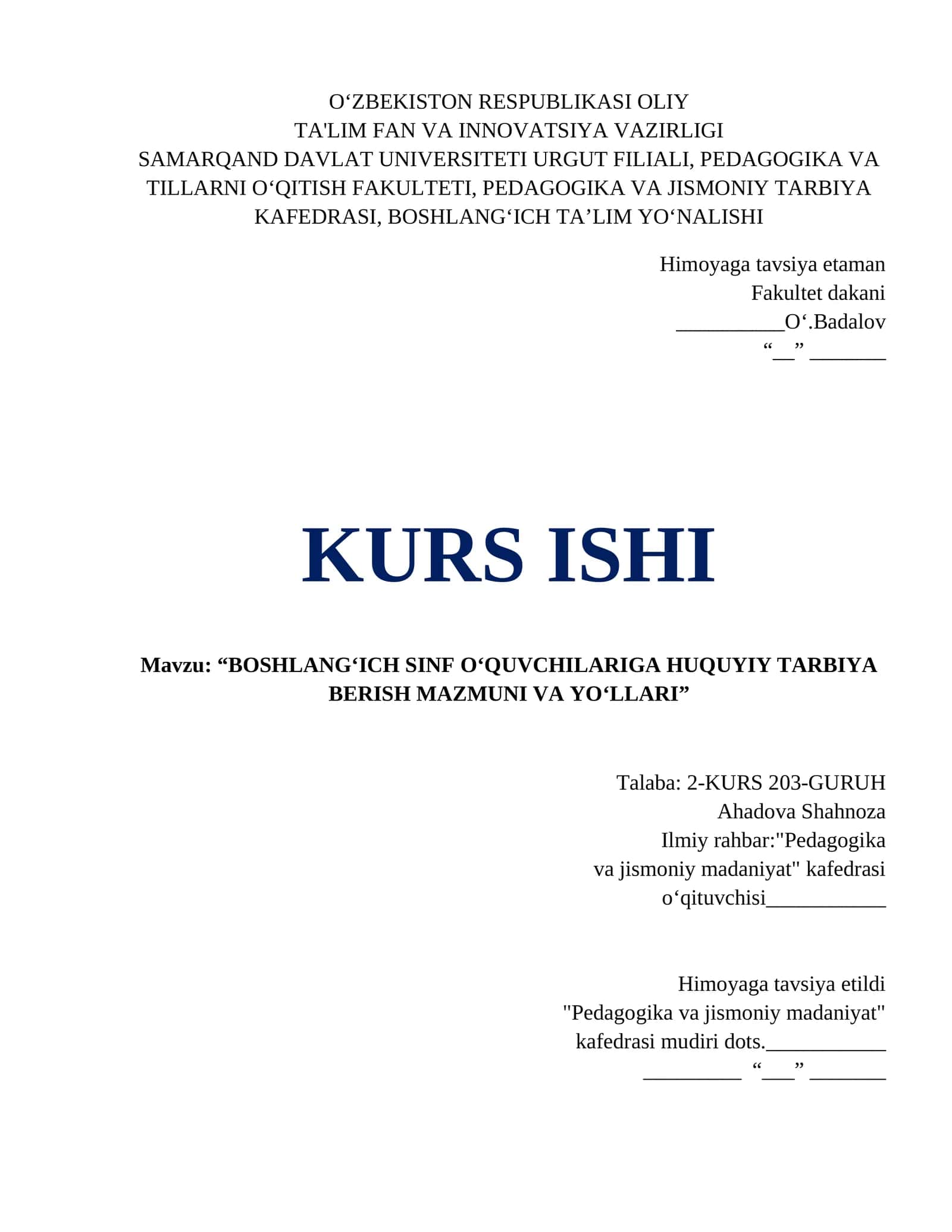 BOSHLANGʻICH SINF OʻQUVCHILARIGA HUQUYIY TARBIYA BERISH MAZMUNI VA YOʻLLARI 1