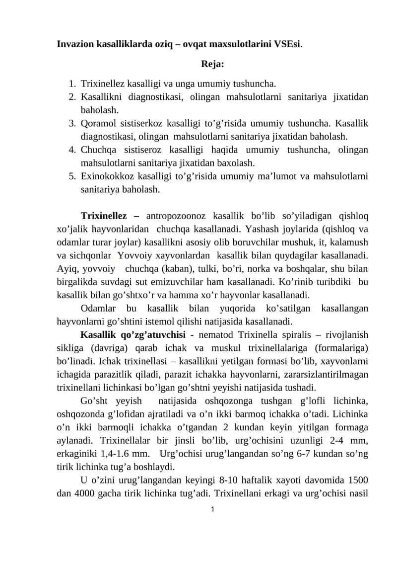 Invazion kasalliklarda oziq – ovqat maxsulotlarini VSEsi. 1