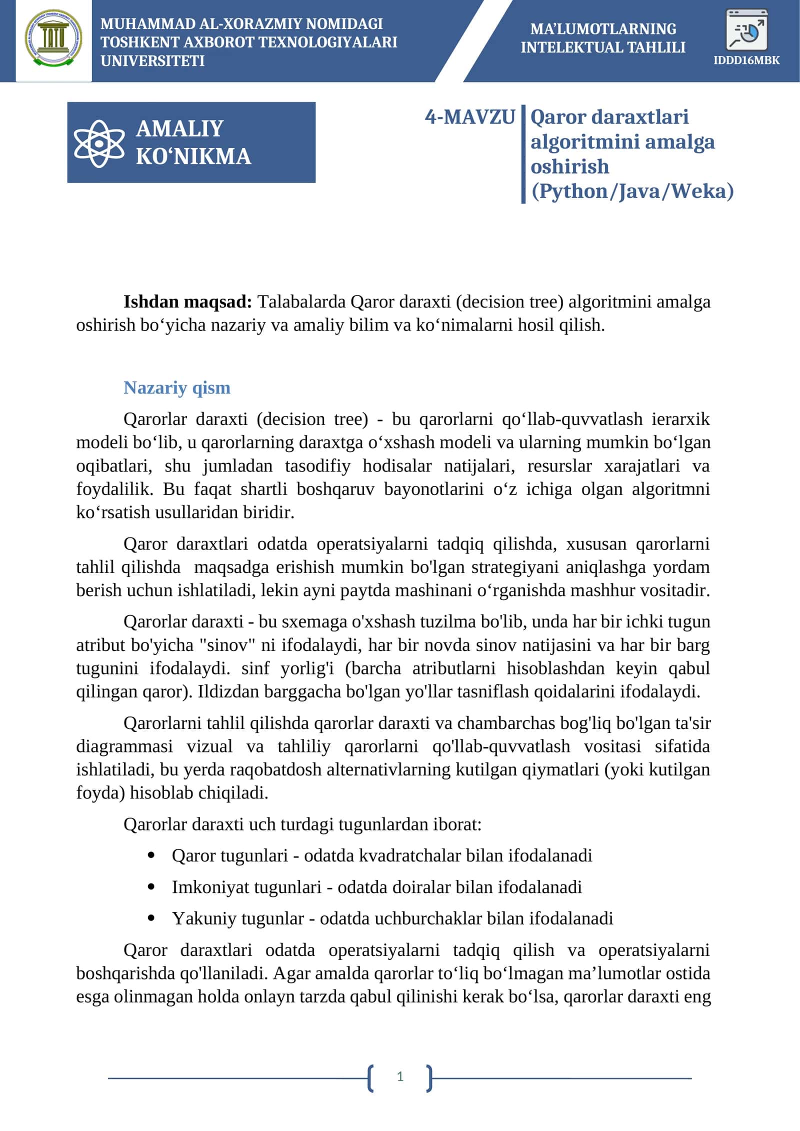 Qaror daraxtlari algoritmini amalga oshirish (Python/Java/Weka) 1