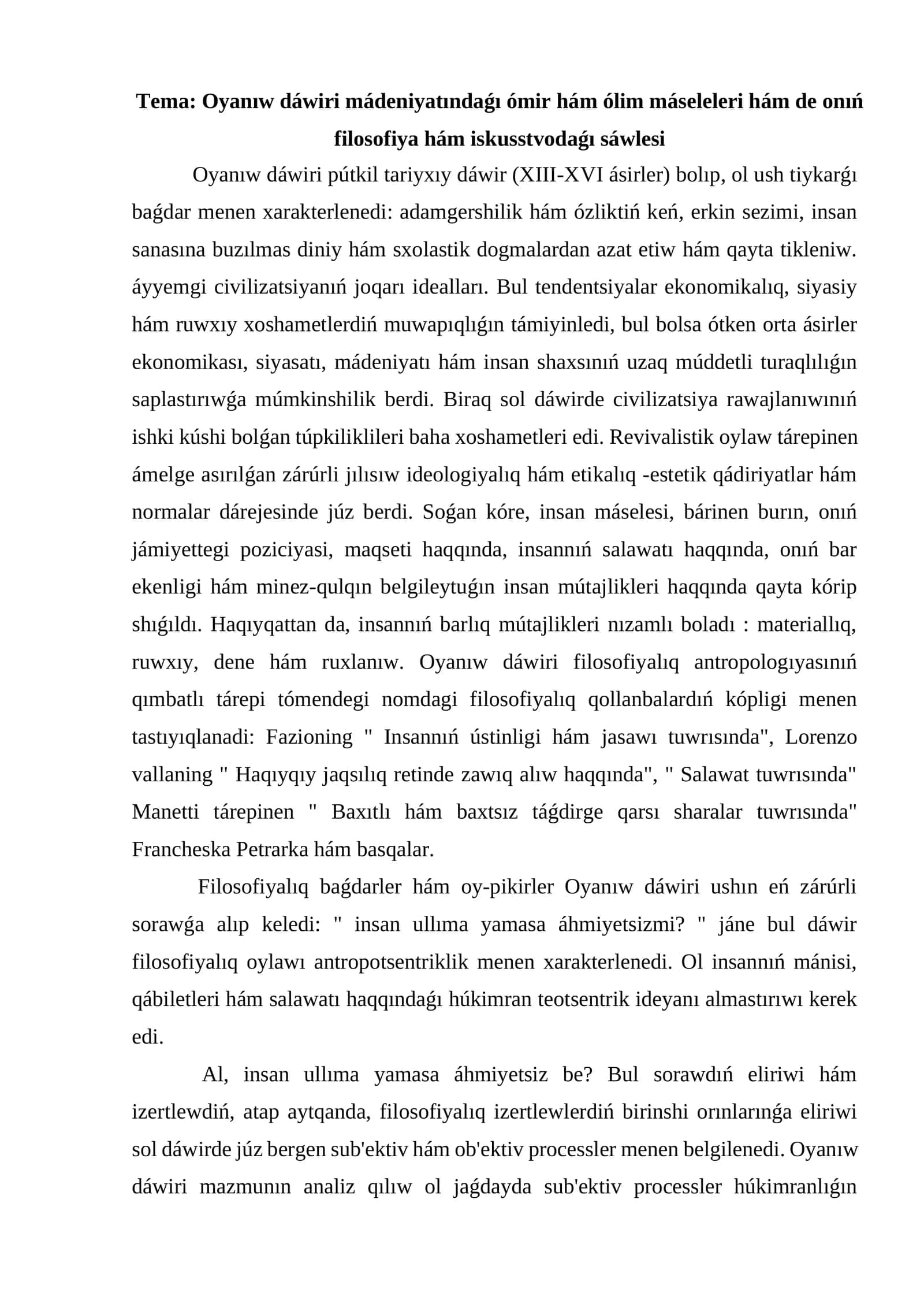 Oyanıw dáwiri mádeniyatındaǵı ómir hám ólim máseleleri hám de onıń filosofiya hám iskusstvodaǵı sáwlesi 1