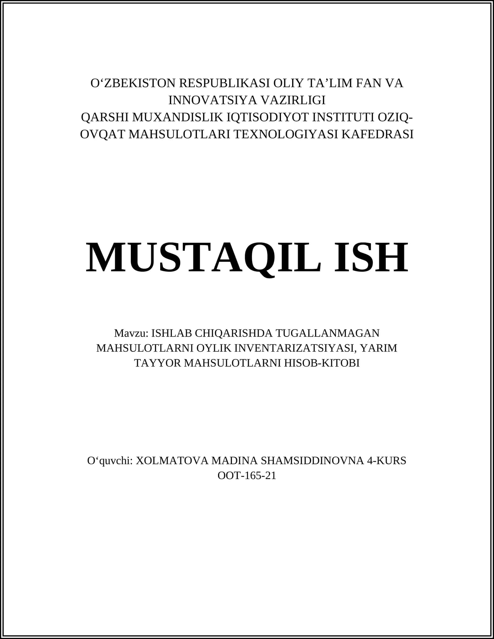 OZIQ-OVQAT MAHSULOTLARI TEXNOLOGIYASI KAFEDRASI 1
