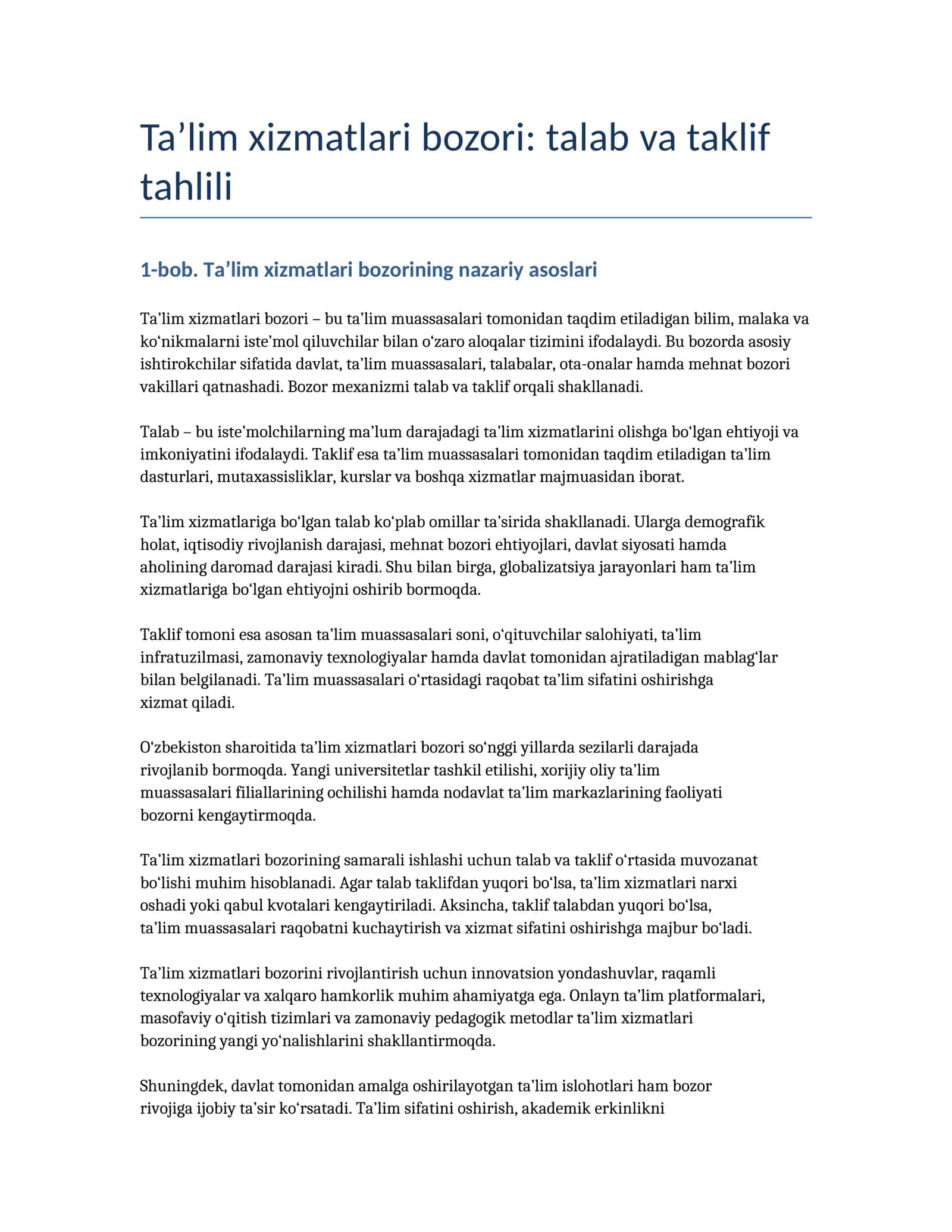 Ta’lim xizmatlari bozori: talab va taklif tahlili 1
