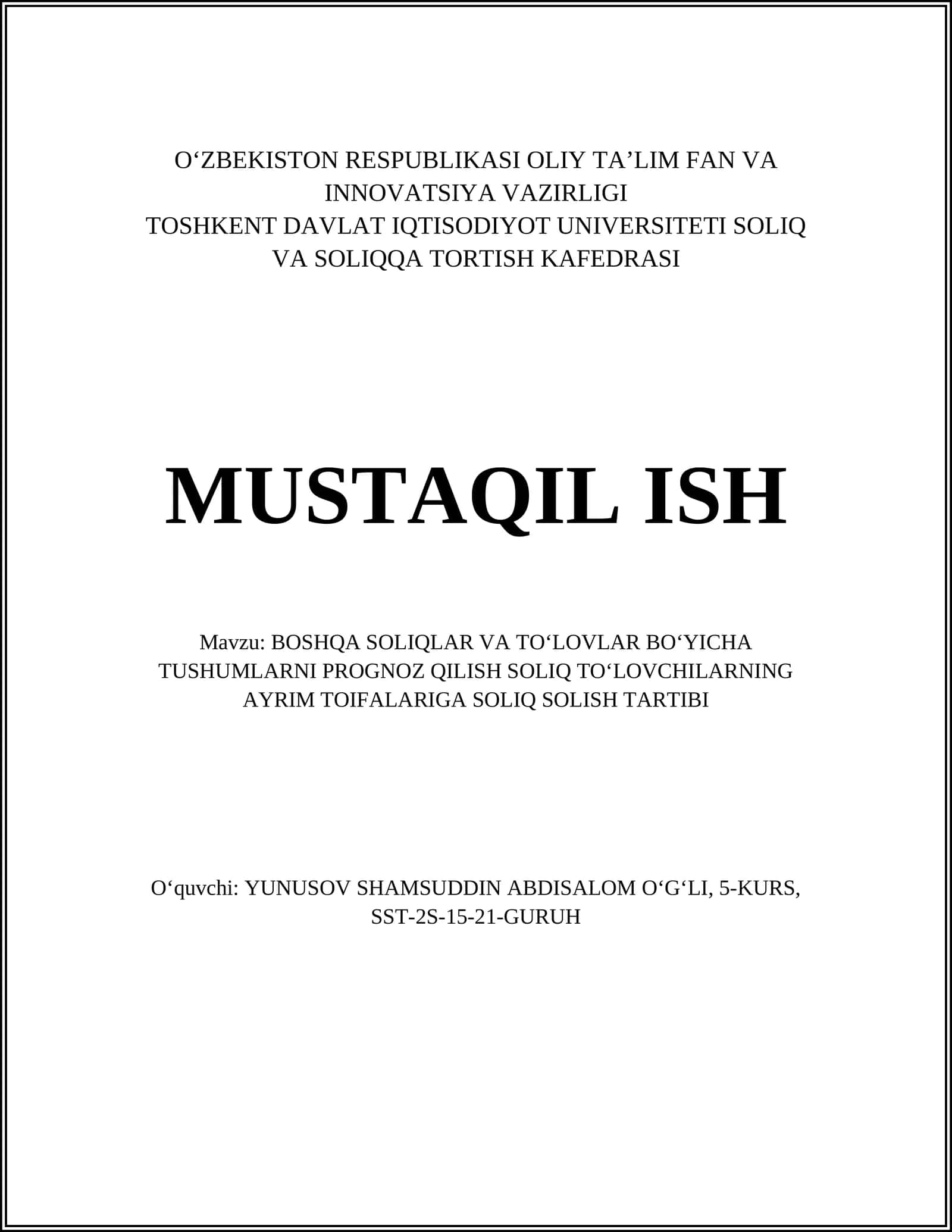 BOSHQA SOLIQLAR VA TOʻLOVLAR BOʻYICHA TUSHUMLARNI PROGNOZ QILISH SOLIQ TOʻLOVCHILARNING AYRIM TOIFALARIGA SOLIQ SOLISH TARTIBI 1