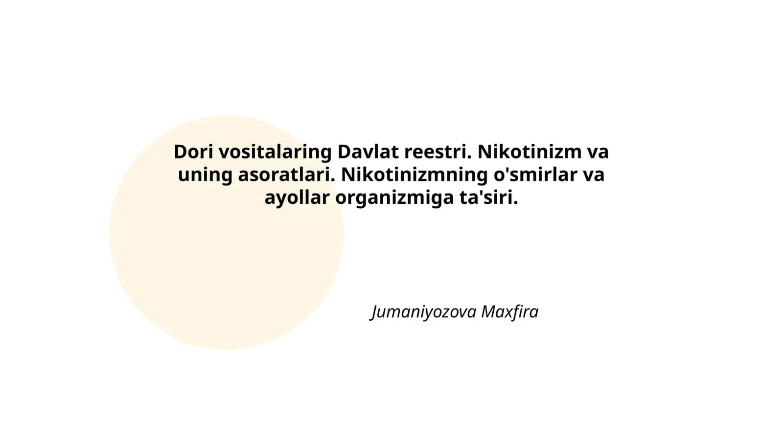 Dori vositalaring Davlat reestri. Nikotinizm va uning asoratlari. Nikotinizmning o'smirlar va ayollar organizmiga ta'siri 1