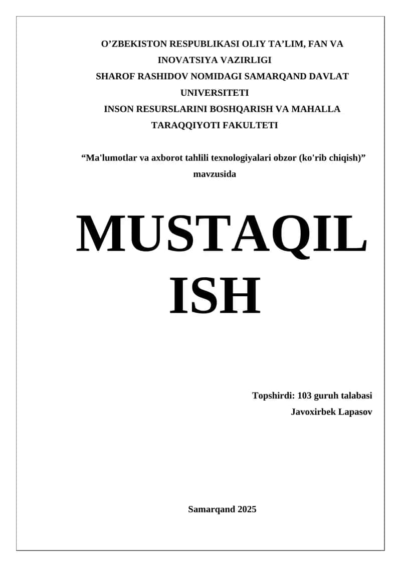 "Ma'lumotlar va axborot tahlili texnologiyalari obzor (ko'rib chiqish)" 1