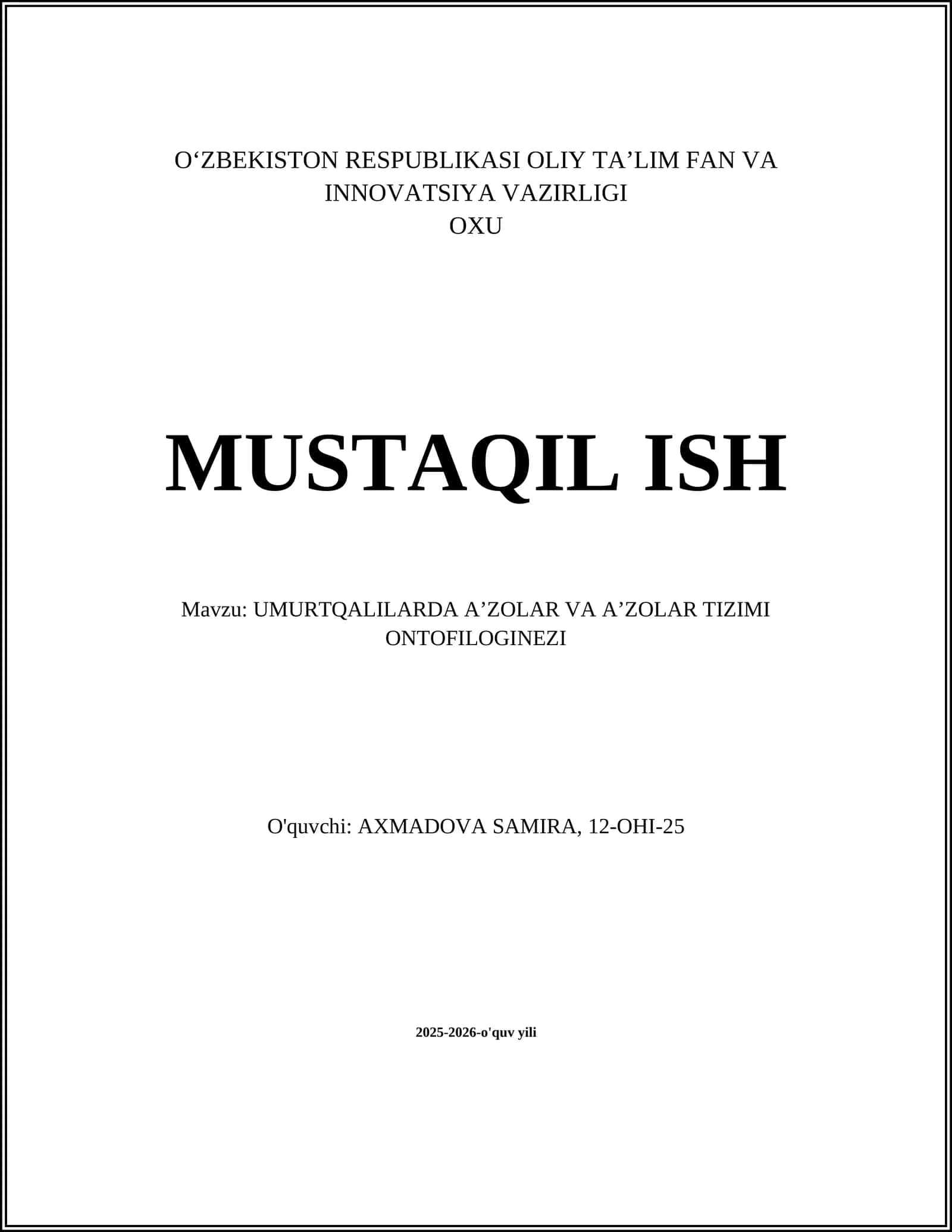UMURTQALILARDA AʼZOLAR VA AʼZOLAR TIZIMI ONTOFILOGINEZI 1