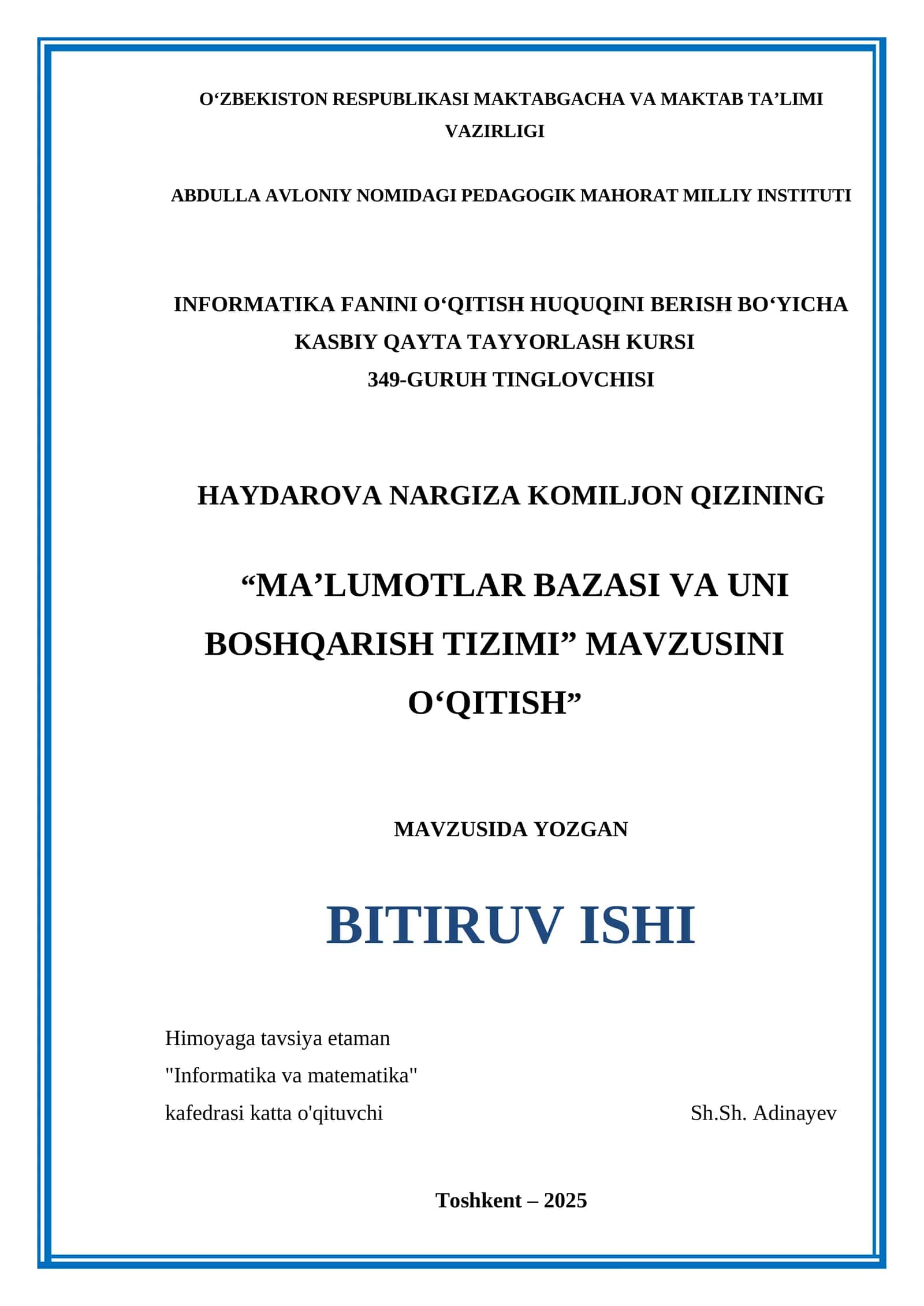 "MA’LUMOTLAR BAZASI VA UNI BOSHQARISH TIZIMI" 1