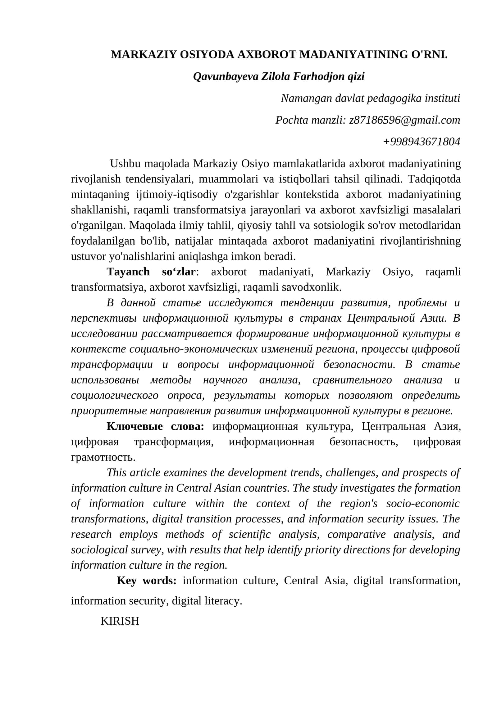 MARKAZIY OSIYODA AXBOROT MADANIYATINING O'RNI 1
