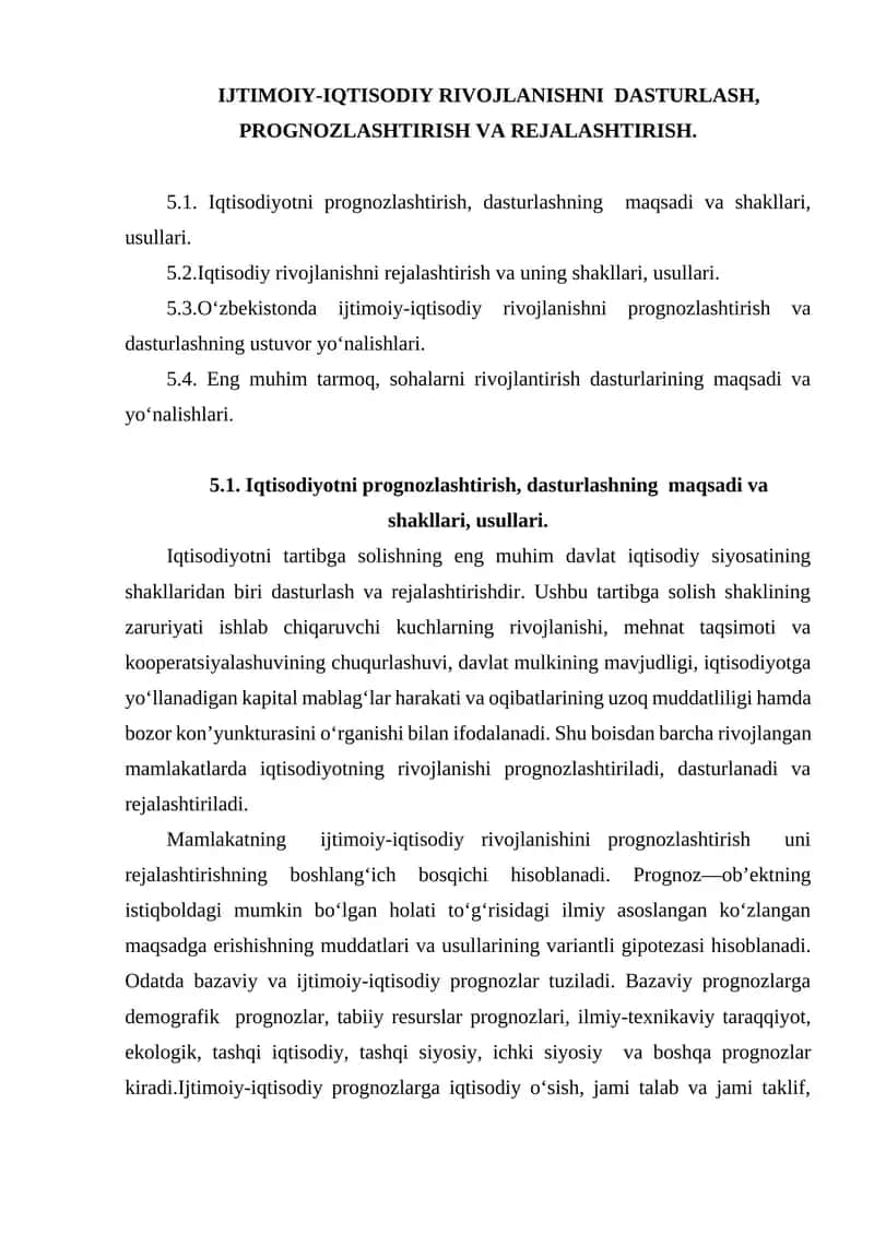 IJTIMOIY-IQTISODIY RIVOJLANISHNI DASTURLASH, PROGNOZLASHTIRISH VA REJALASHTIRISH 1