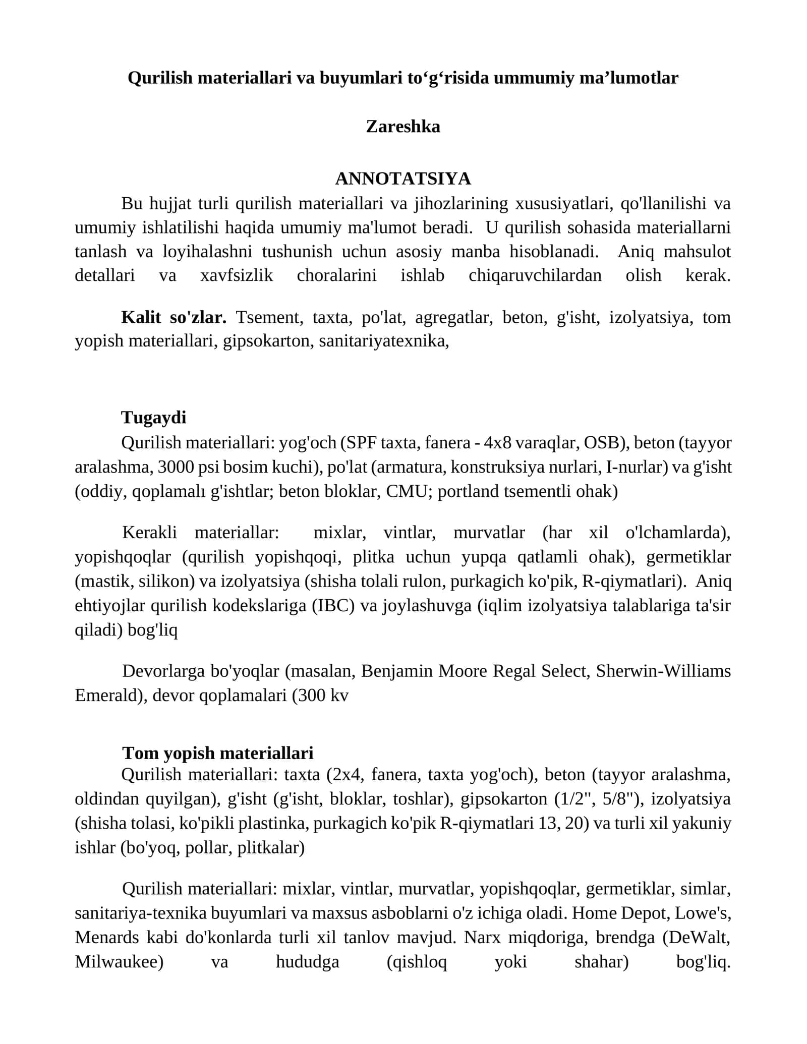 Qurilish materiallari va buyumlari toʻgʻrisida ummumiy maʼlumotlar 1