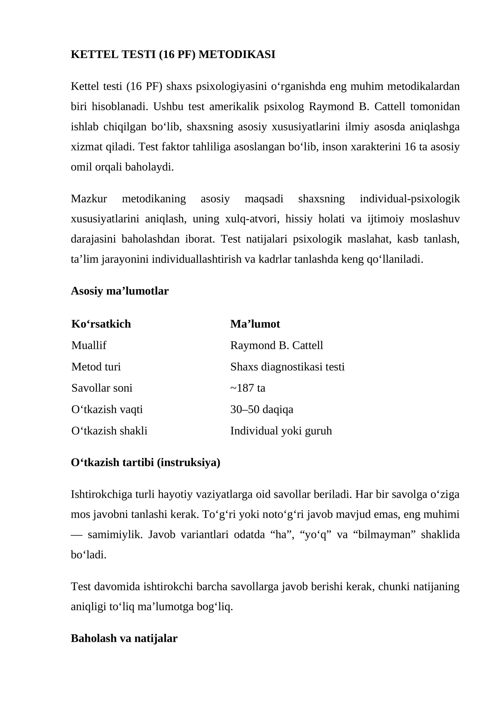 KETTEL TESTI (16 PF) METODIKASI 1
