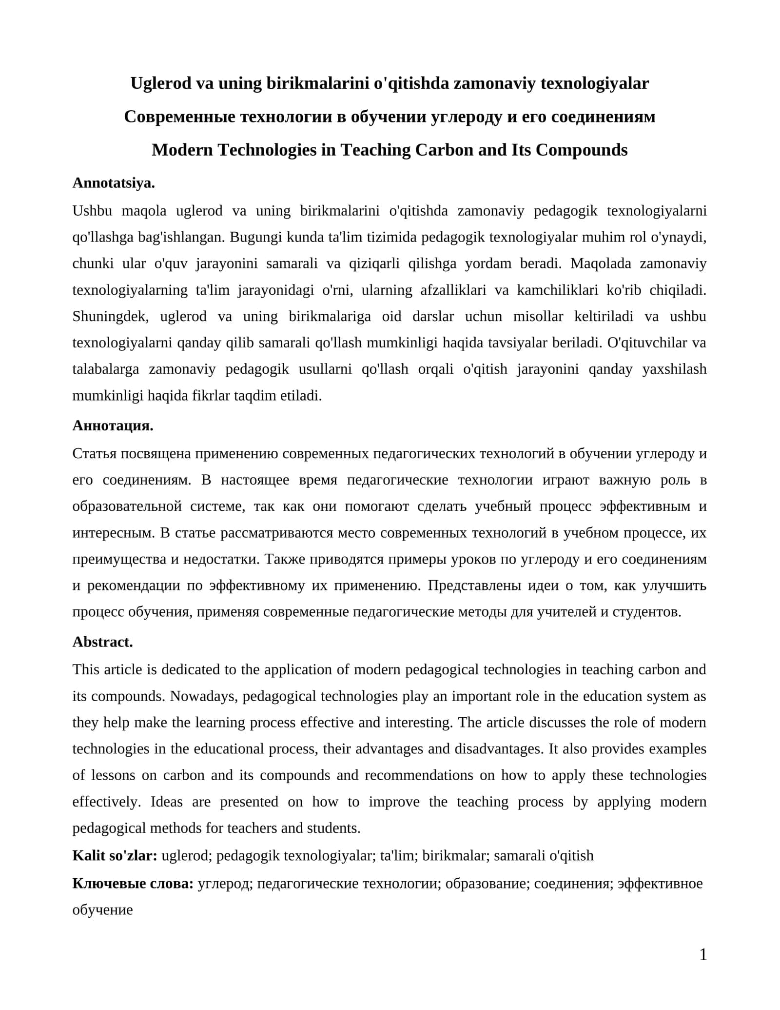 Uglerod va uning birikmalarini o'qitishda zamonaviy texnologiyalar 1