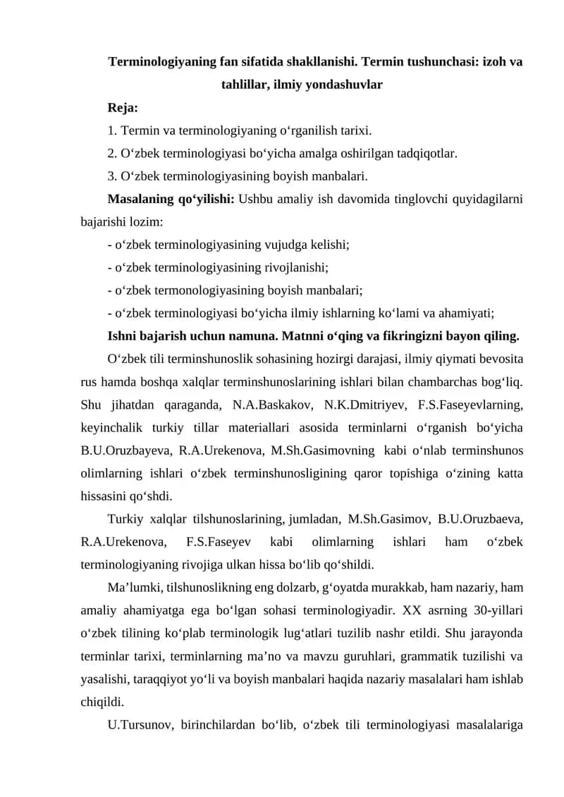 Terminologiyaning fan sifatida shakllanishi. Termin tushunchasi: izoh va tahlillar, ilmiy yondashuvlar 1